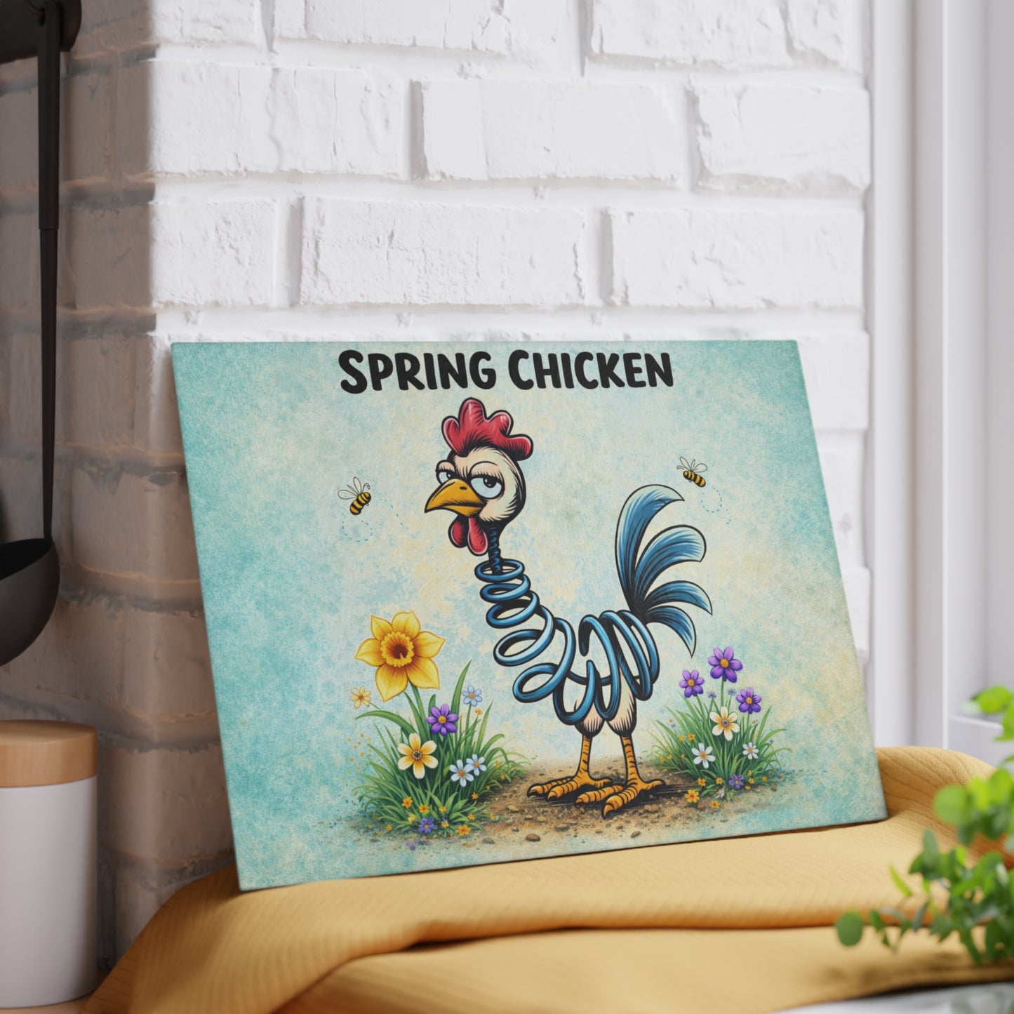 Spring Chicken Glass Cutting Board – Whimsical Chicken Artwork with Playful Spring Humor