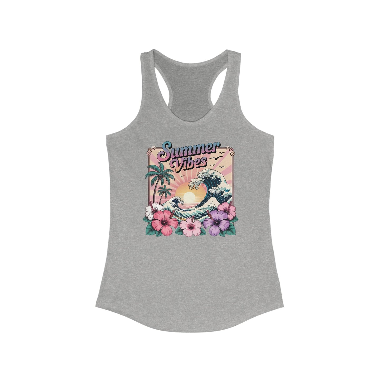 ☀️ Camiseta de tirantes con espalda nadadora Summer Vibes: playera ligera para mujer con diseño de ondas tropicales e hibisco
