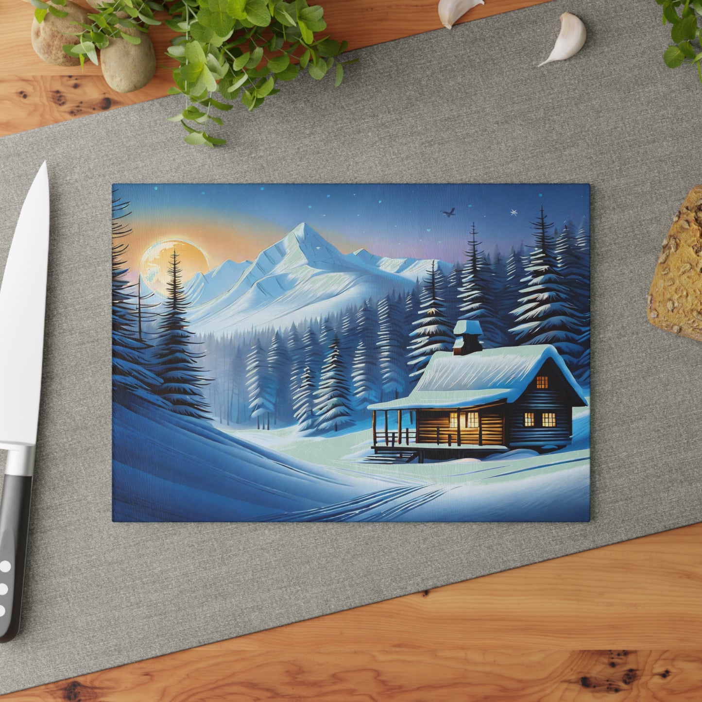 🏔️ Winter Cabin Cutting Board – Cozy Snowy Nights & Mountain Charm