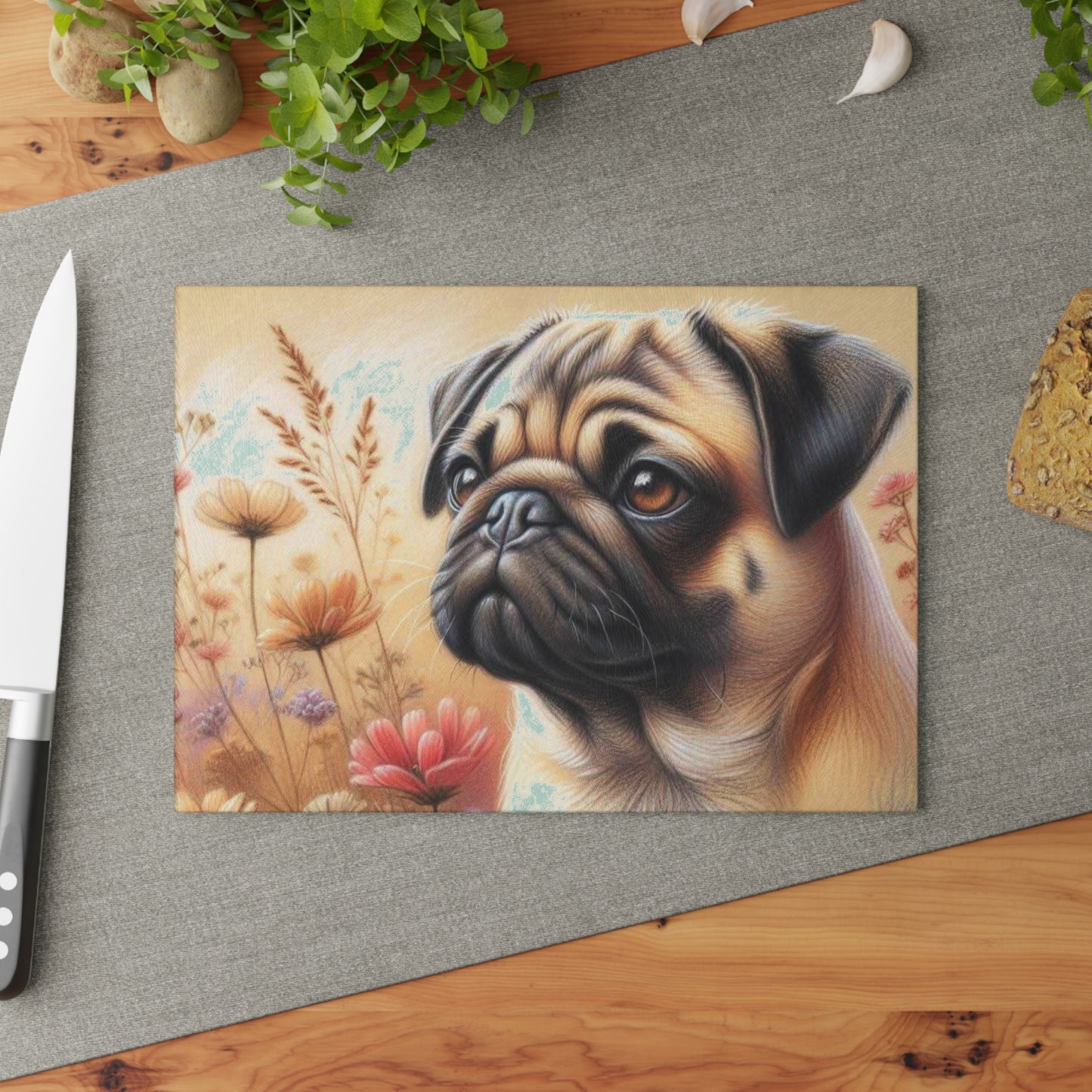 🐾 Pug & Meadow Blooms Cutting Board – Adorable Dog-Themed Kitchen Art 🌸