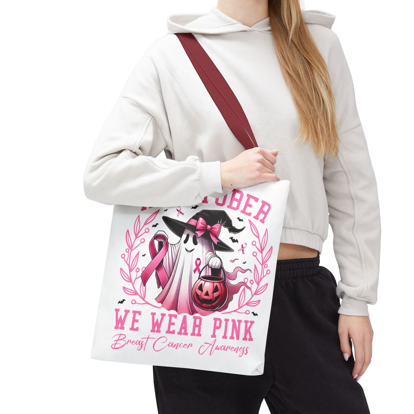 🎀 In October We Wear Pink Tote Bag – Breast Cancer Awareness with Spooky Charm 🎃