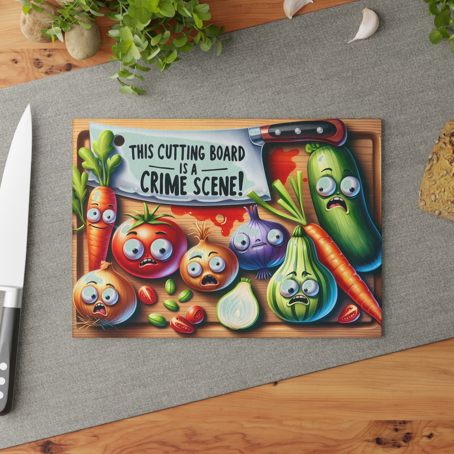 Tabla de cortar de vidrio con temática de escena del crimen en la cocina: verduras, pan y salami que gritan, decoración divertida para la cocina