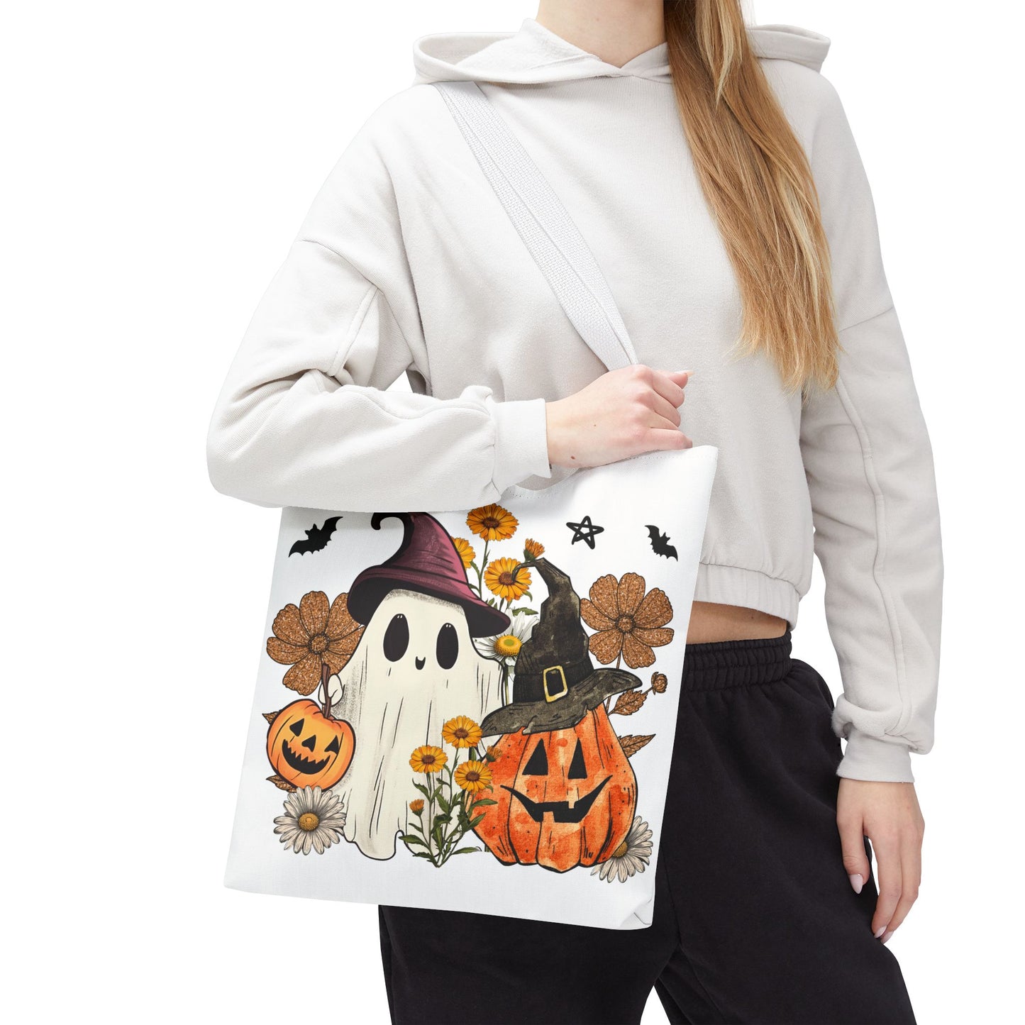 🎃 Ghost & Pumpkin Floral Tote Bag – Whimsical Halloween Charm 👻👜