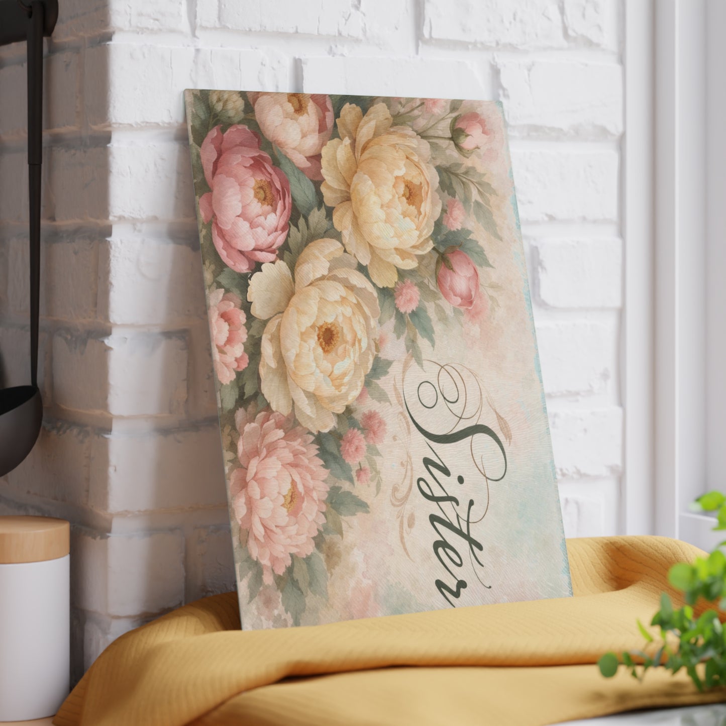 Sister Floral Glass Cutting Board – Elegant Kitchen Gift for Her