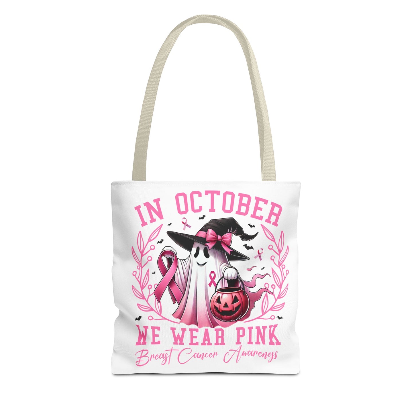 🎀 In October We Wear Pink Tote Bag – Breast Cancer Awareness with Spooky Charm 🎃