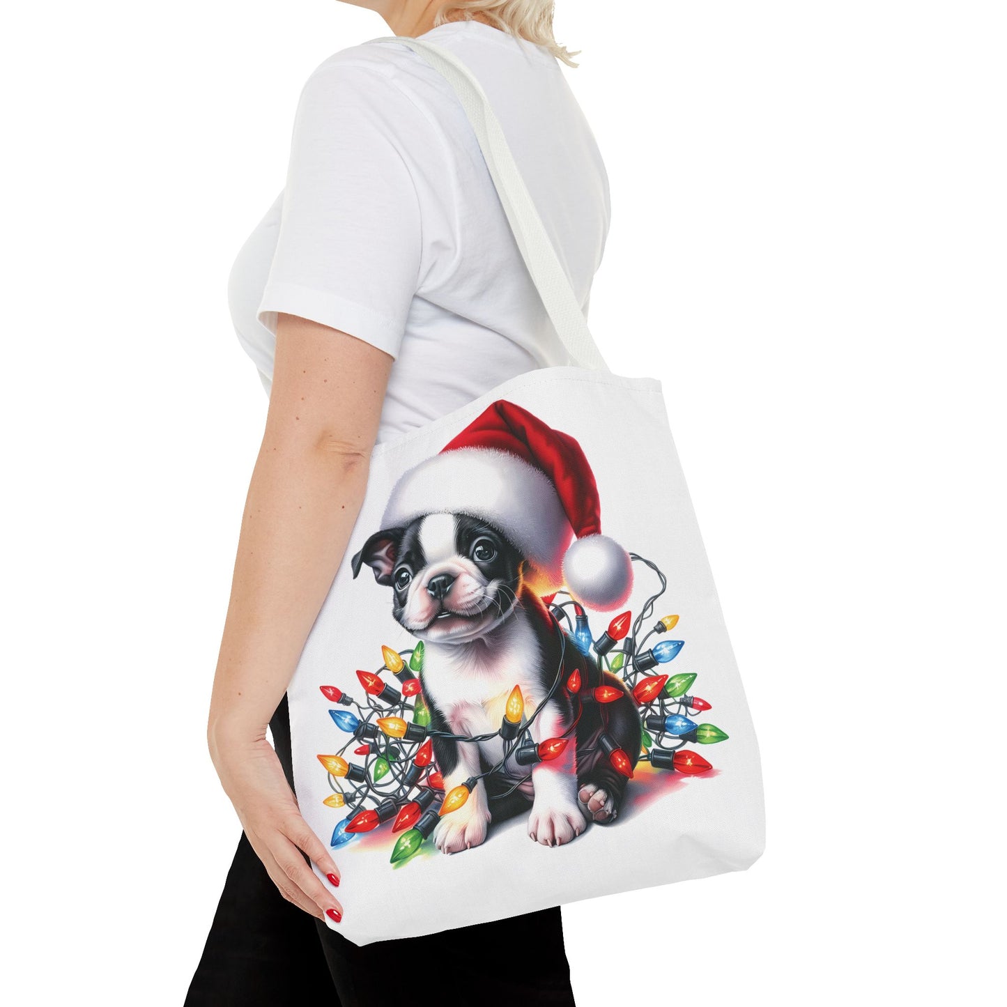👜 Boston Terrier Christmas Lights Tote Bag – Holiday Sparkle Meets Puppy Love 🎄