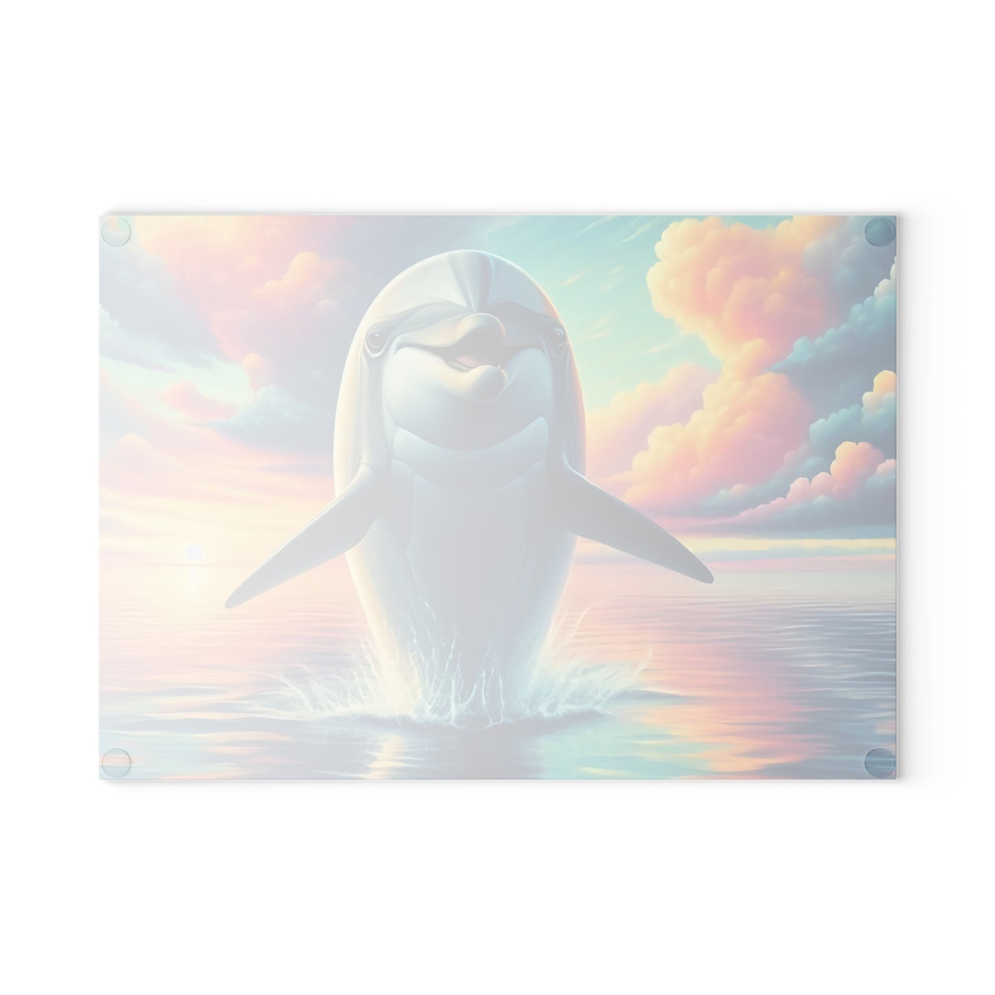 Happy Dolphin & Rainbow-Colored Clouds Glass Cutting Board – Whimsical Ocean Kitchen Art
