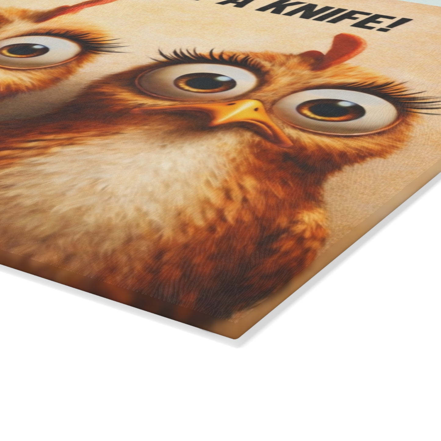 RUN! She’s Got a Knife Glass Cutting Board – Wide-Eyed Chicken Panic Farmhouse Artwork