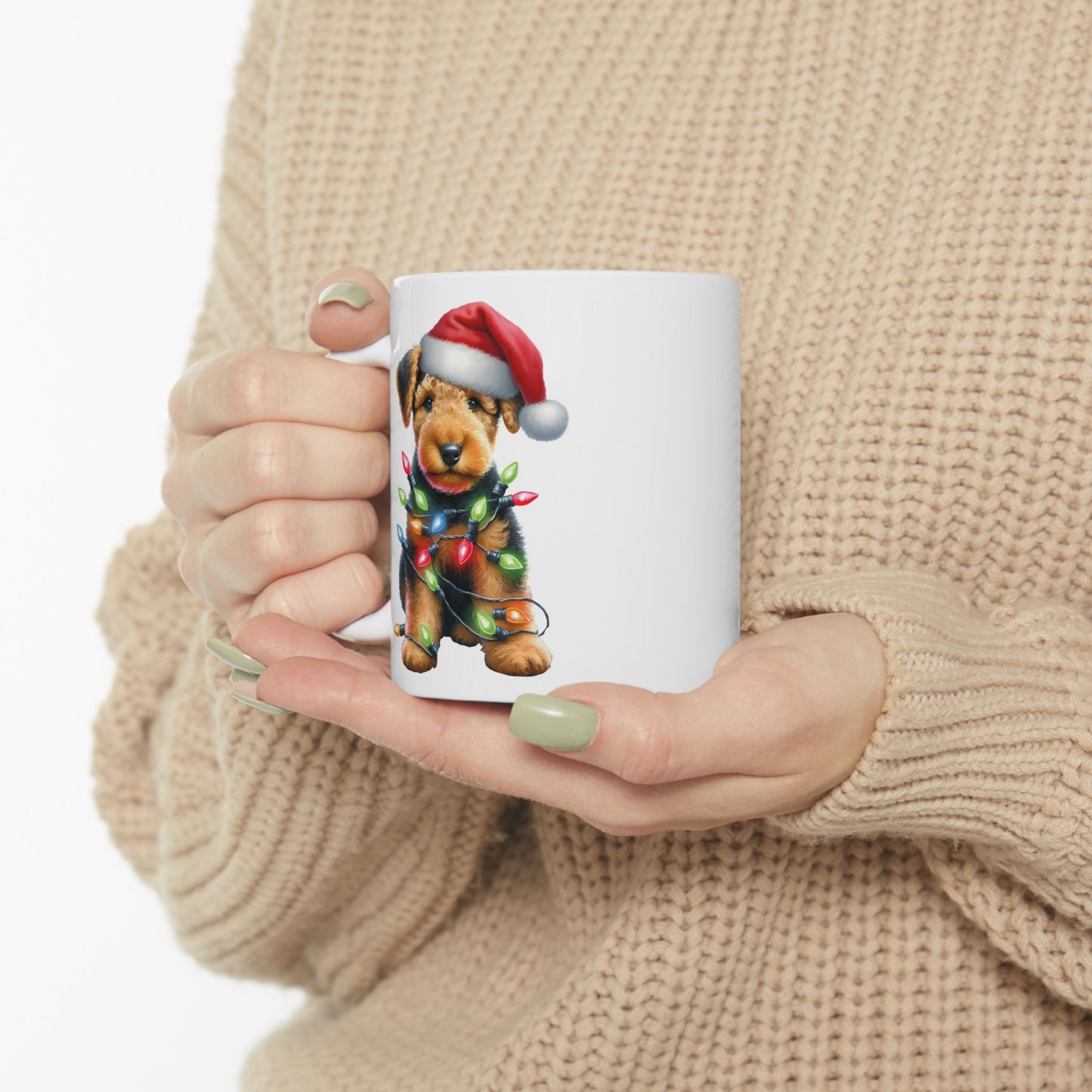 🎄 Airedale Terrier Christmas Mug – Jolly Pup with Santa Hat & Twinkling Lights 🎁