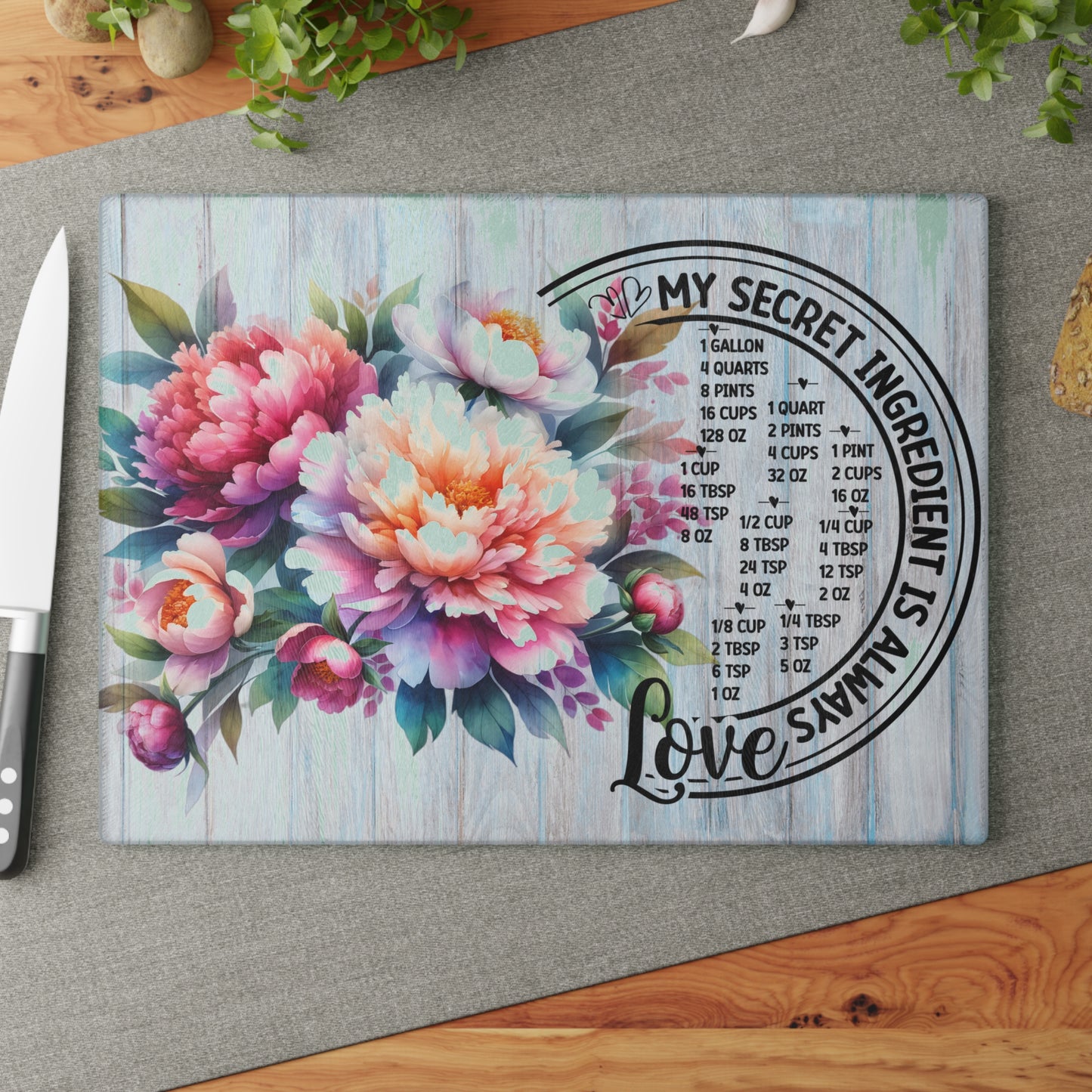 Tabla de cortar de vidrio «Mi ingrediente secreto siempre es el amor» – Tabla de conversión de cocina floral 🌿🍽️