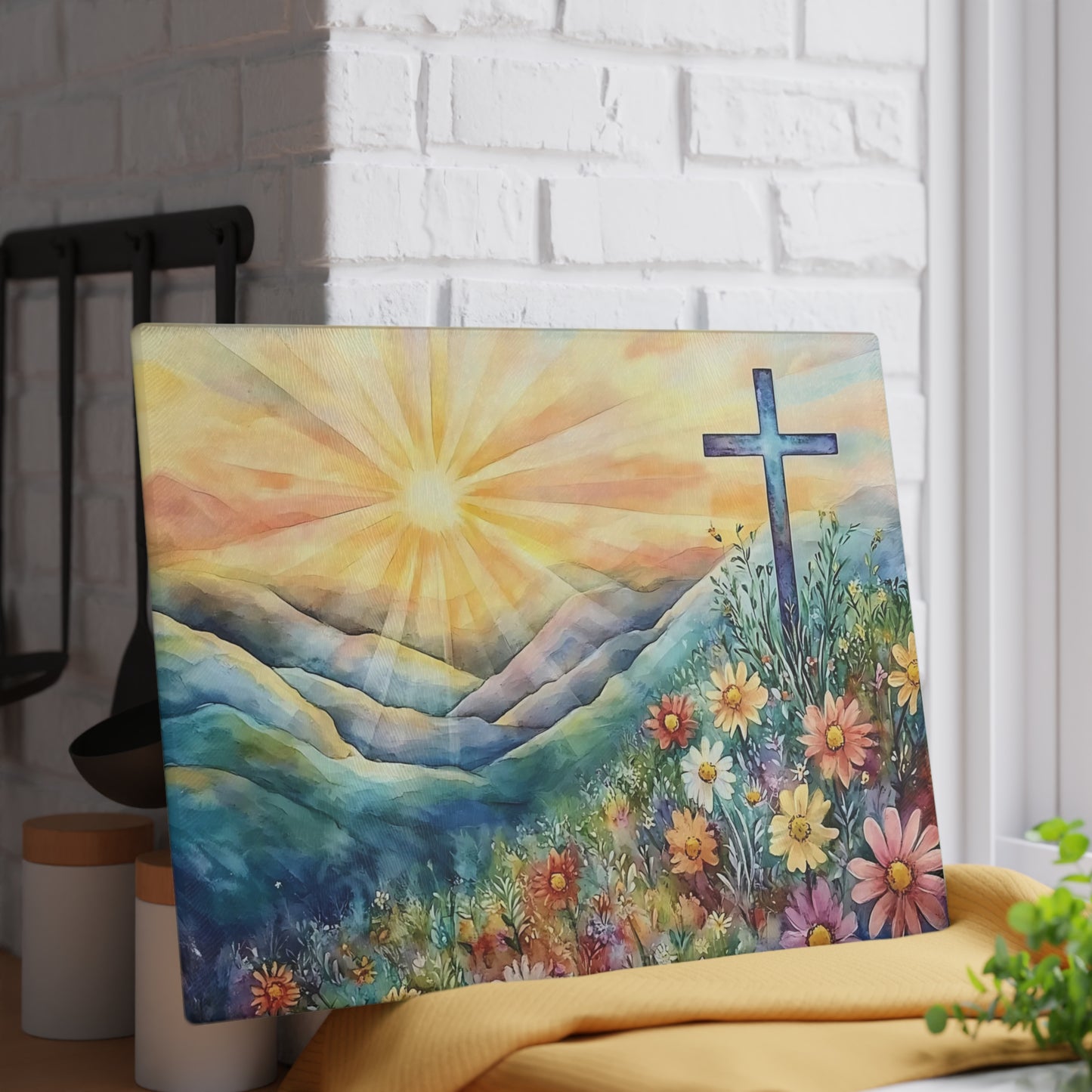 🌄🌸 Sunrise Mountain Cross Cutting Board – Peaceful Faith Kitchen Décor with Florals & Radiant Light ✝️✨