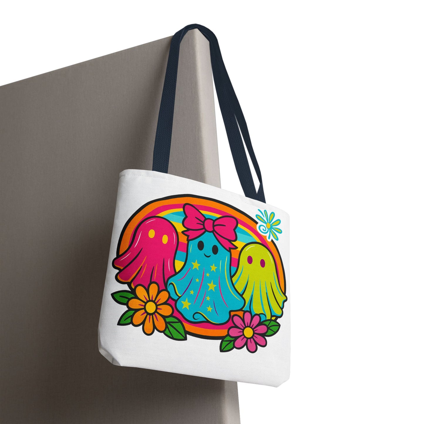 ๐ Retro Rainbow Ghosts Tote Bag โ Groovy Spooky Fun ๐ป๐