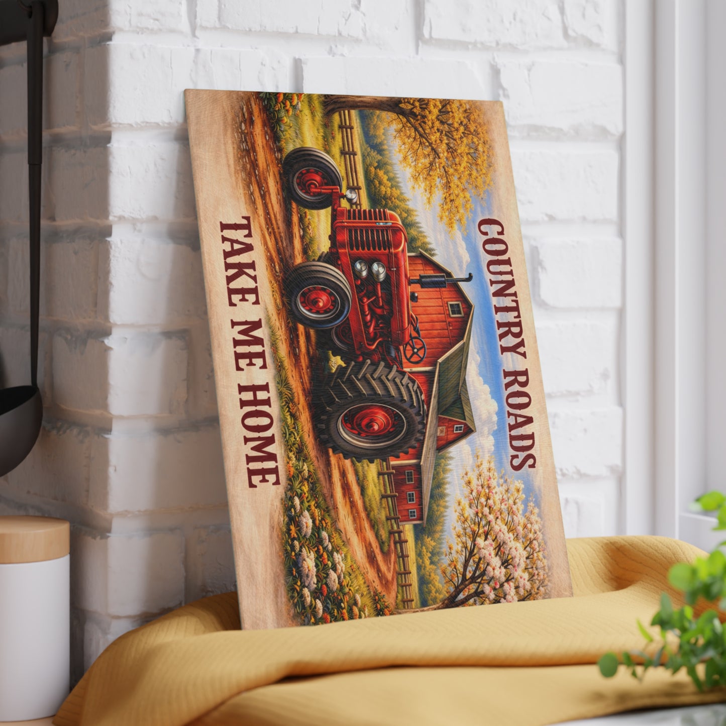Country Roads Tractor Glass Cutting Board – Rustic Farmhouse Charm for Your Kitchen