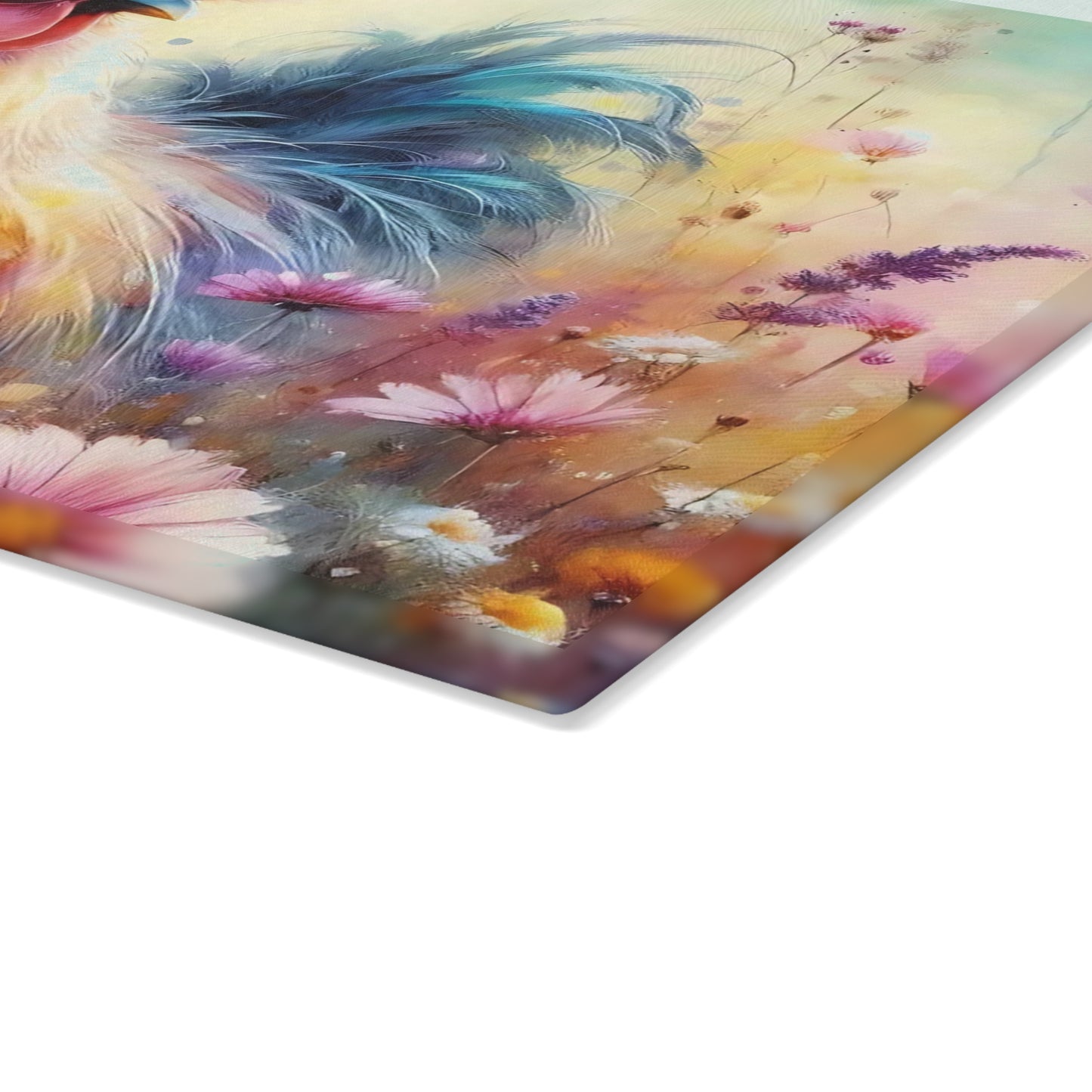 🌸🐔 Chicken in a Field of Wildflowers Glass Cutting Board – Serene & Charming Kitchen Accent