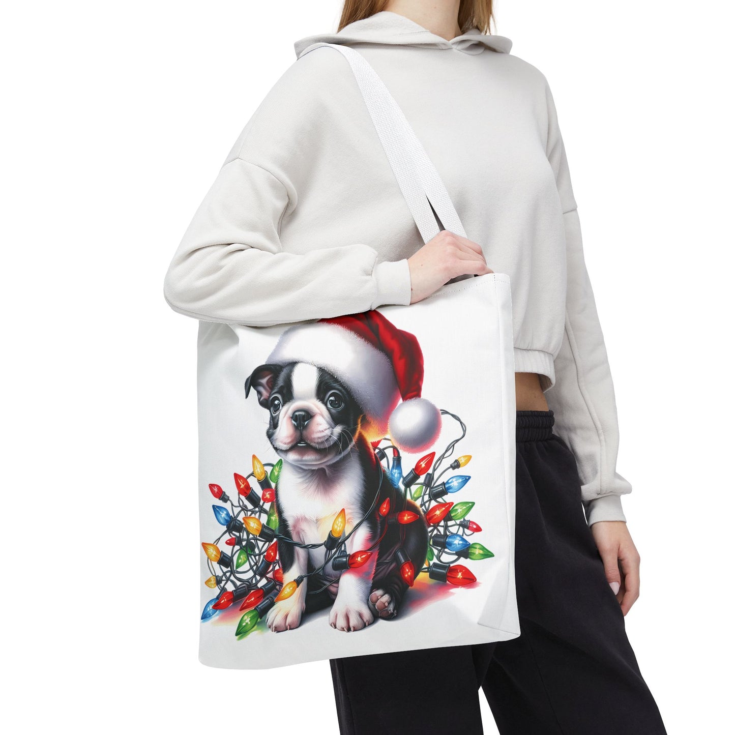 👜 Boston Terrier Christmas Lights Tote Bag – Holiday Sparkle Meets Puppy Love 🎄