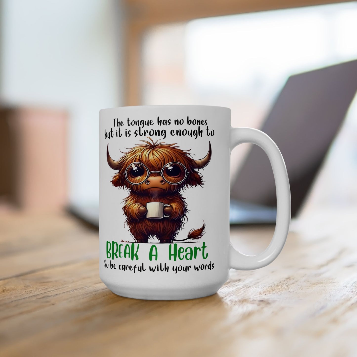 Taza de café "Rompe un corazón" de vaca de las Tierras Altas: un dulce recordatorio con un mensaje poderoso