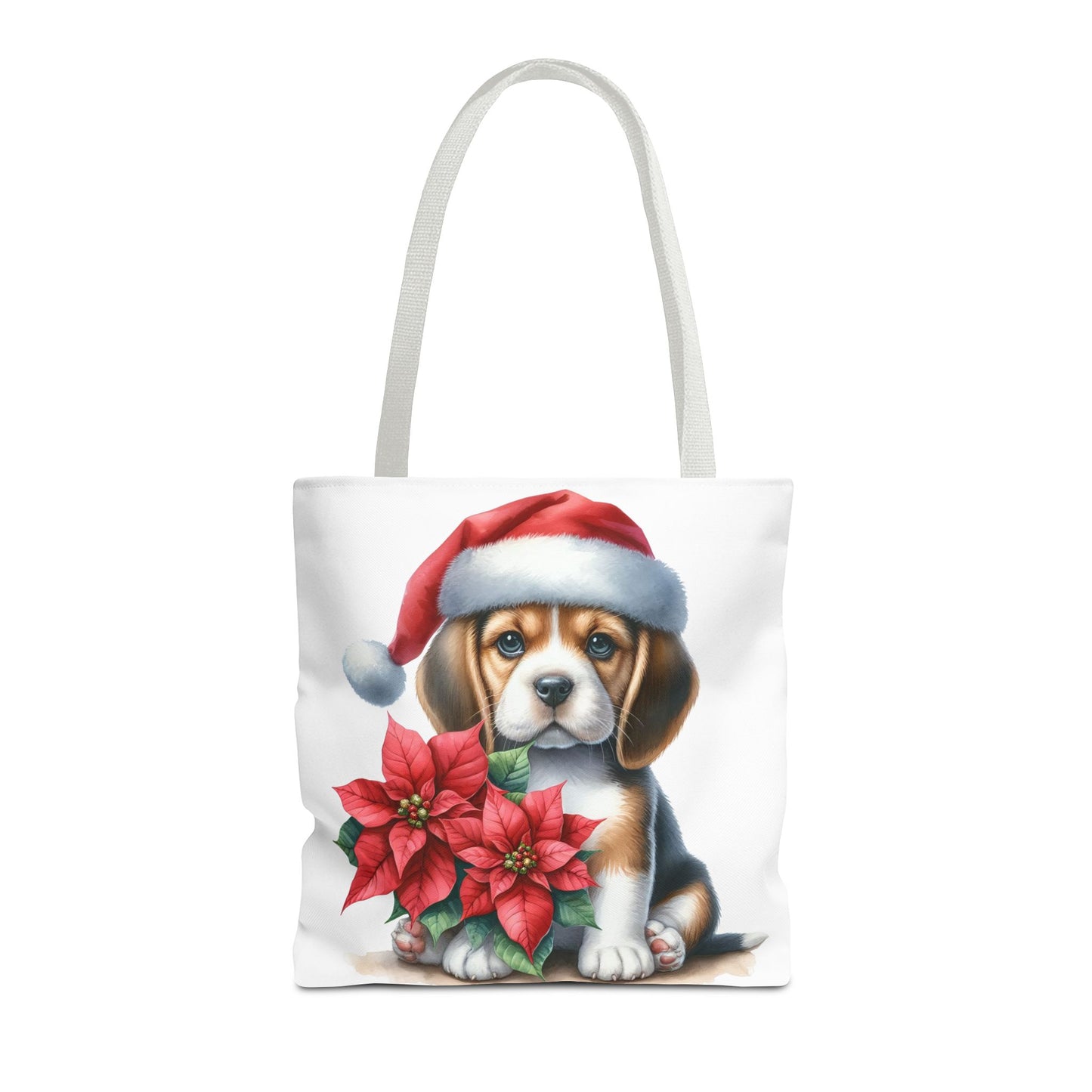 🐶 Beagle Puppy & Poinsettia Christmas Tote Bag – Sweet Holiday Charm in Every Step 🎄