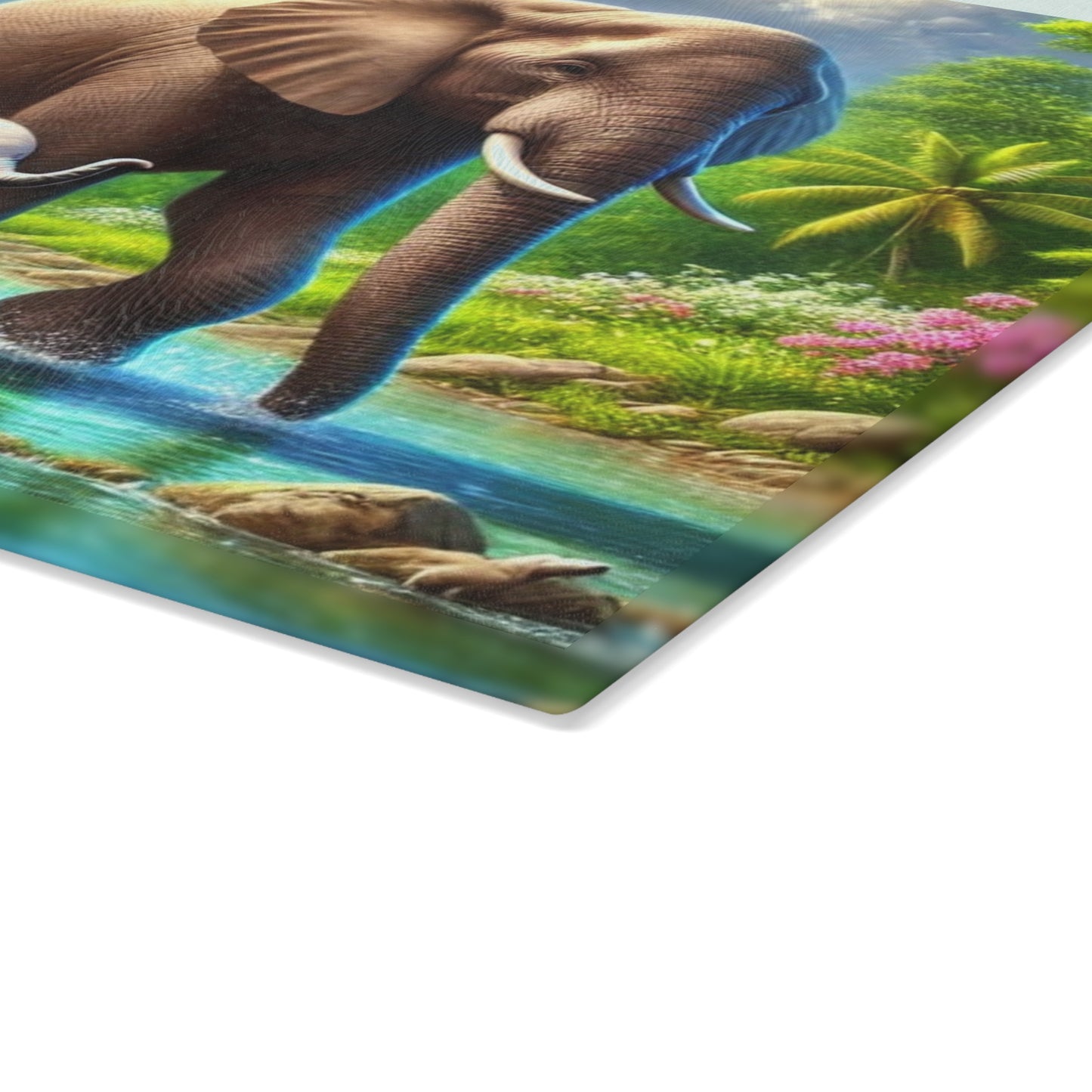 Mother elephant and her baby tempered glass cutting board - walking down a peaceful water creek