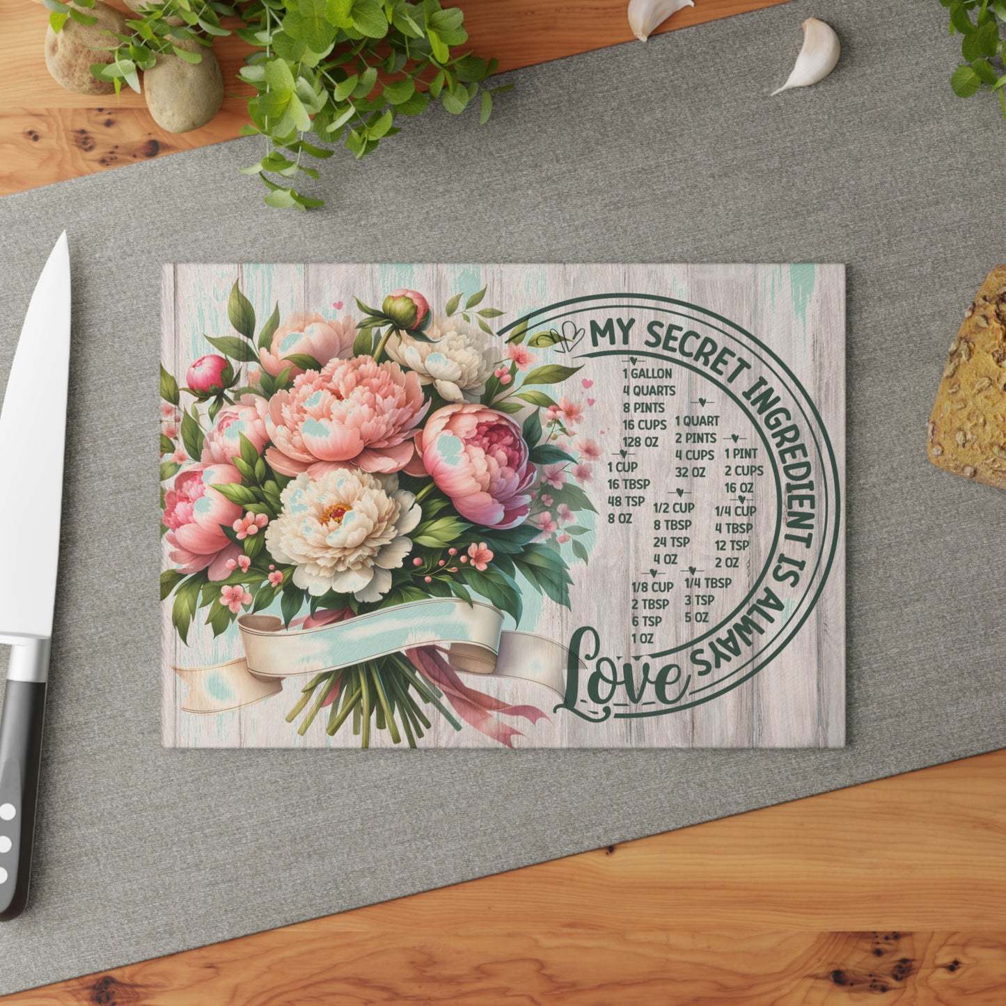 My Secret Ingredient Is Always Love Glass Cutting Board – Floral Kitchen Conversion Chart
