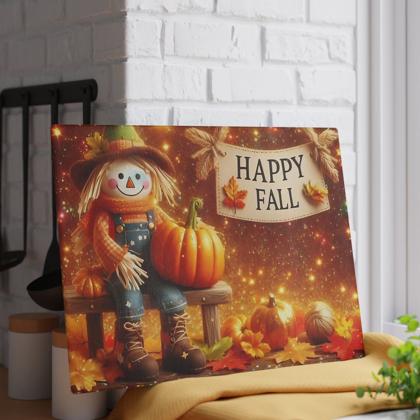 🍂🌟 Happy Fall Scarecrow Cutting Board – Rustic Autumn Kitchen Décor with Pumpkins & Golden Glow 🎃✨