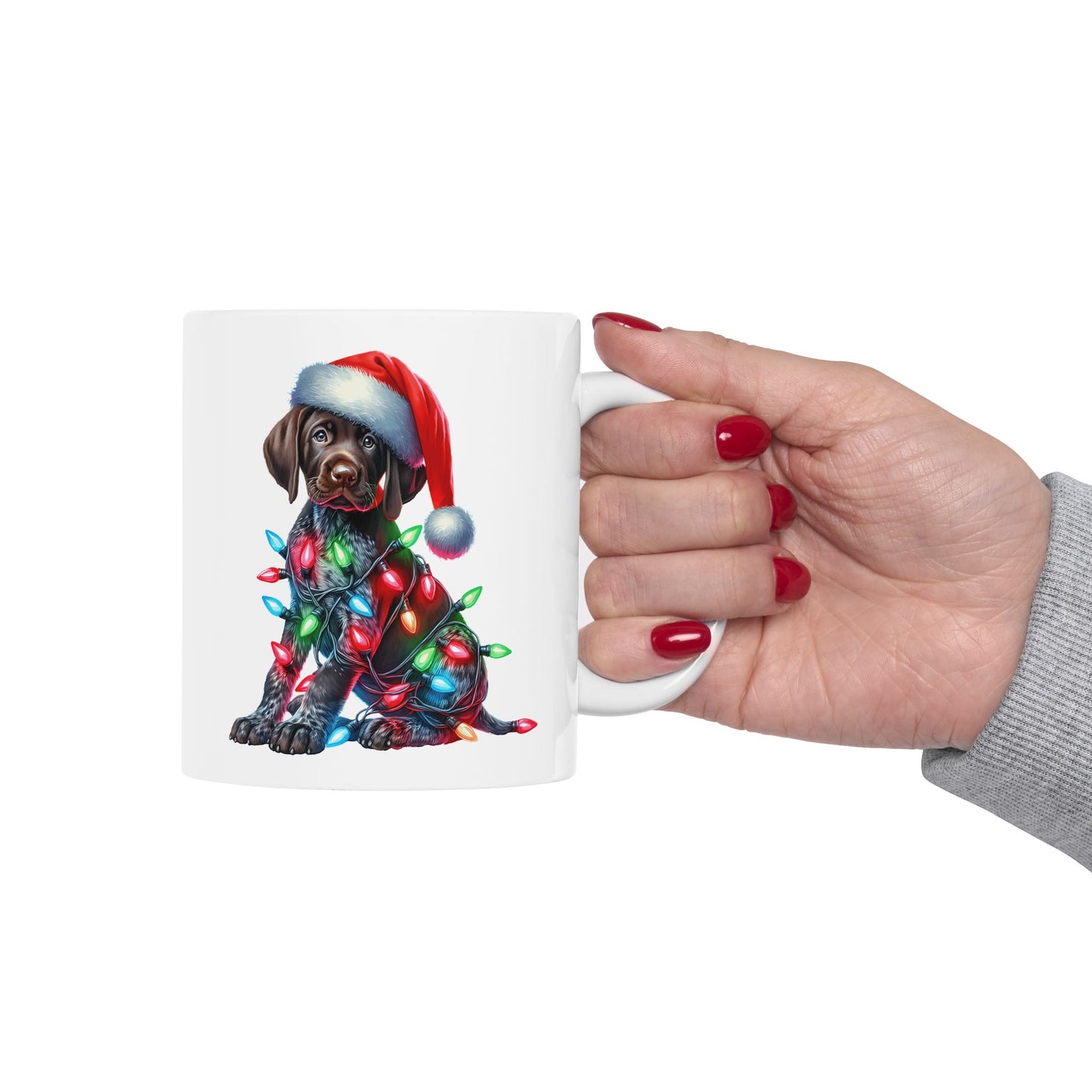 🎄 German Shorthair Pointer Christmas Mug – Holiday Cheer Wrapped in Lights 🎄