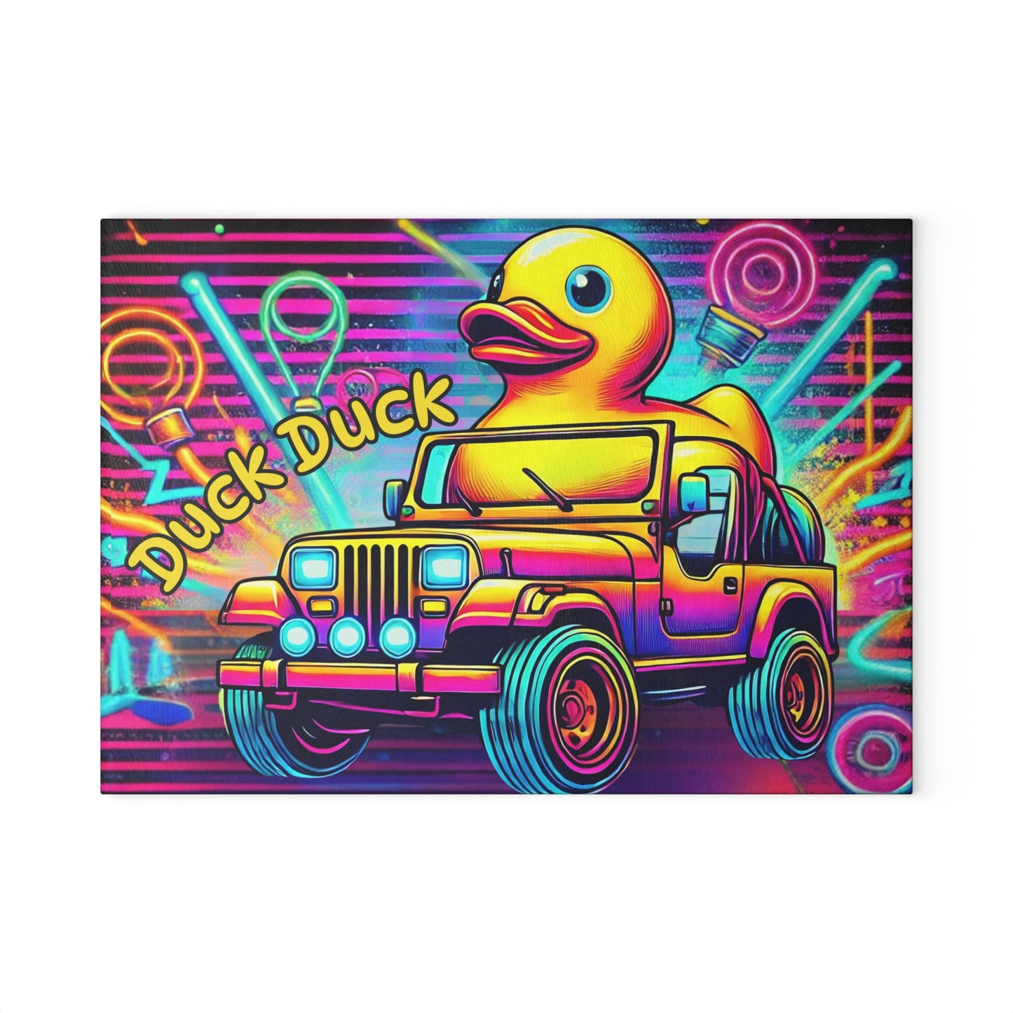 Tabla de cortar de vidrio con diseño de jeep neón y patito de goma: decoración todoterreno vibrante para la cocina, tabla de cortar para jeep, jeep neón, jeep con patito de goma