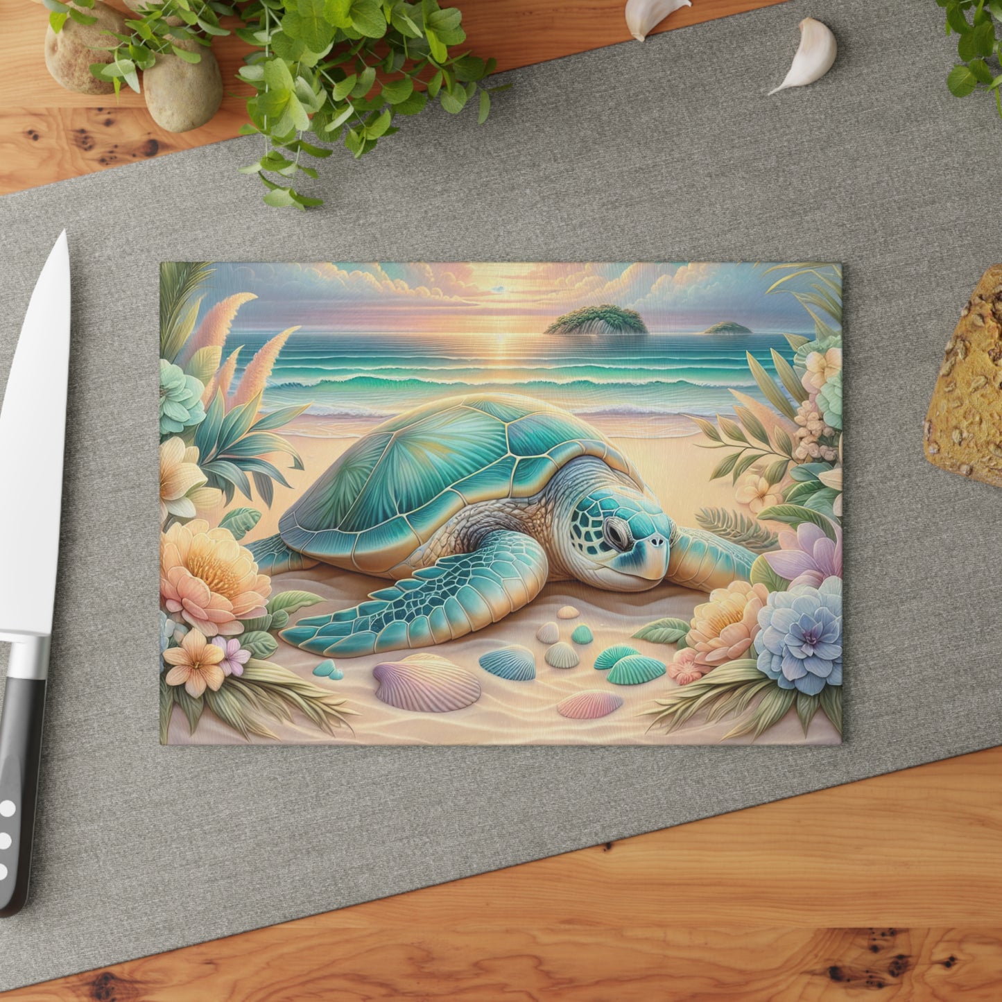 Tabla de cortar con diseño de tortuga marina y flores de playa: un escape tranquilo al océano para tu cocina