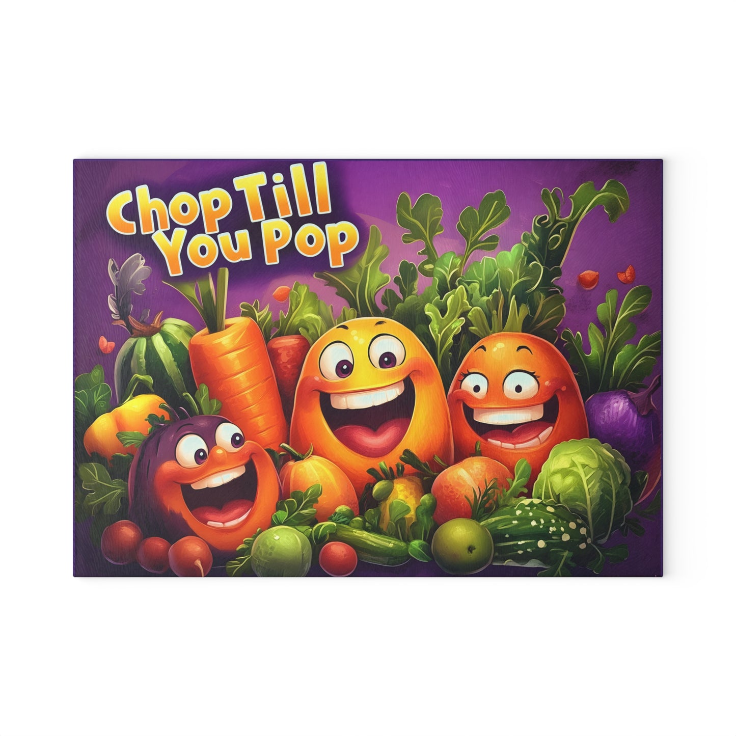 Tabla de cortar de vidrio "Chop Till You Pop" – Humor de cocina de verduras que ríen 😂🍅