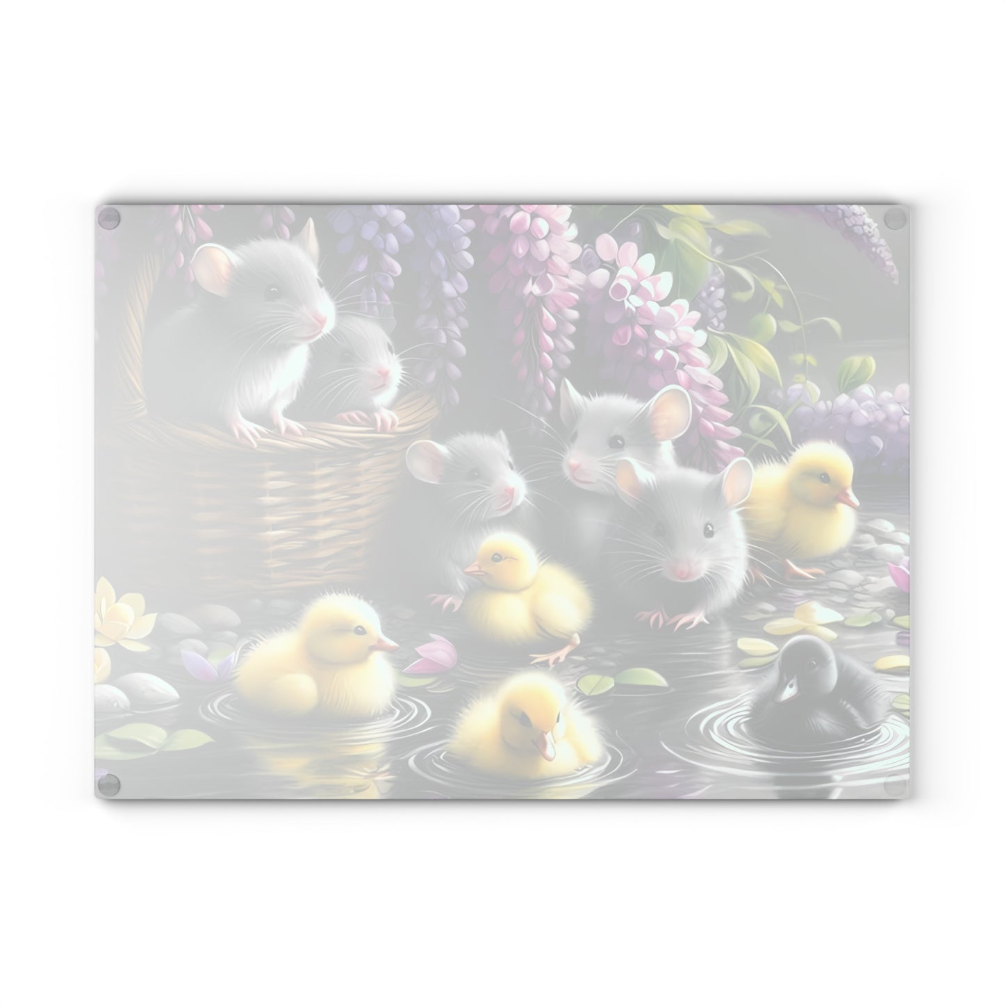 Tabla de cortar con patitos y ratones en un jardín primaveral: decoración de cocina de vidrio con un toque caprichoso