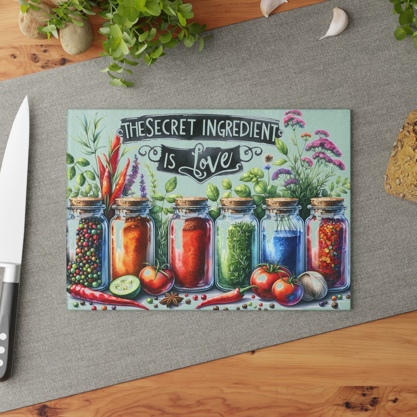 🌿 The Secret Ingredient Is Love Cutting Board – Colorful Herbs & Spices with Farmhouse Charm 🍅💚