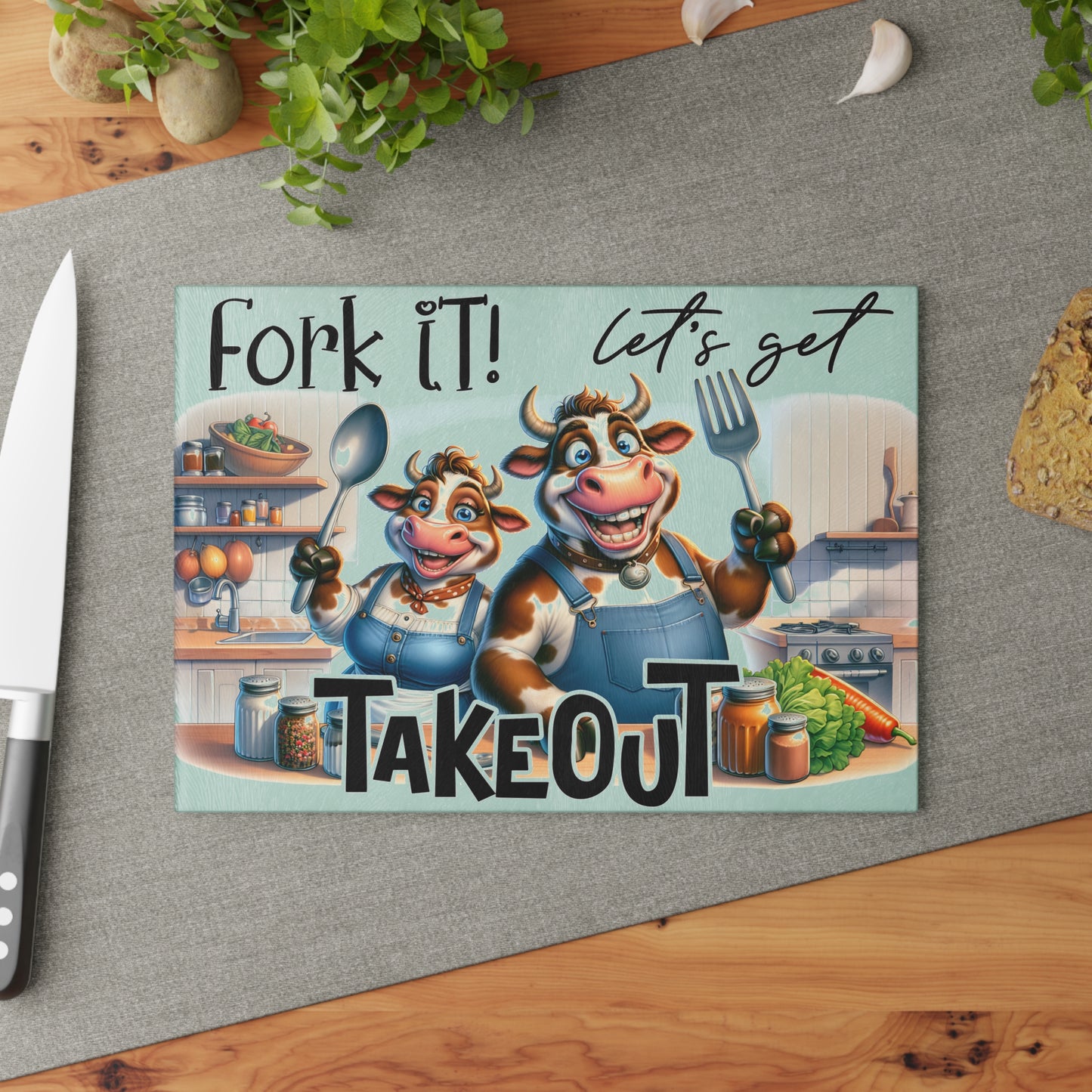 Fork It! Let’s Get Takeout Cow Cutting Board – Funny Farmhouse Kitchen Humor