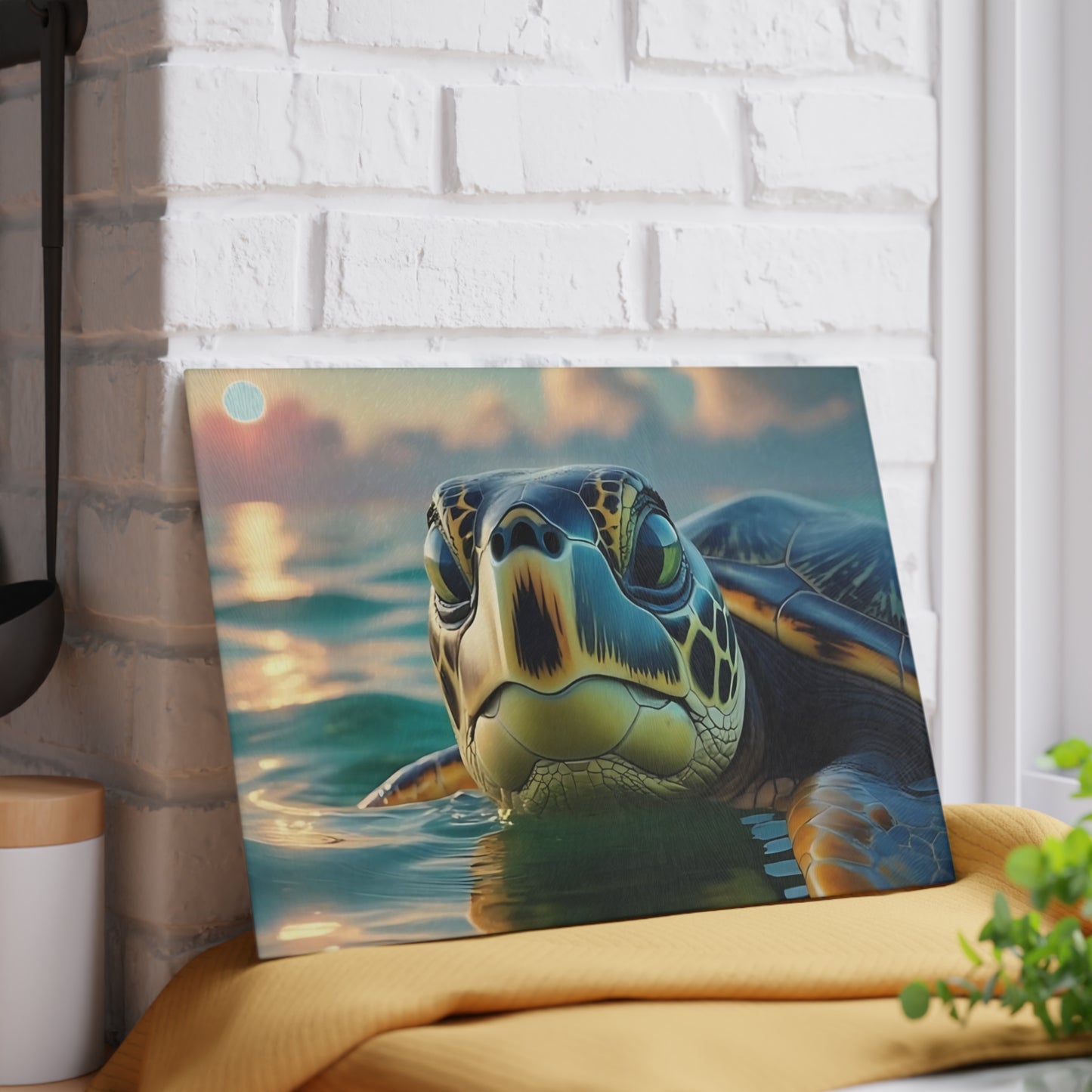 Tabla de cortar de vidrio con diseño de tortuga marina | Decoración de cocina con ambiente costero y oceánico