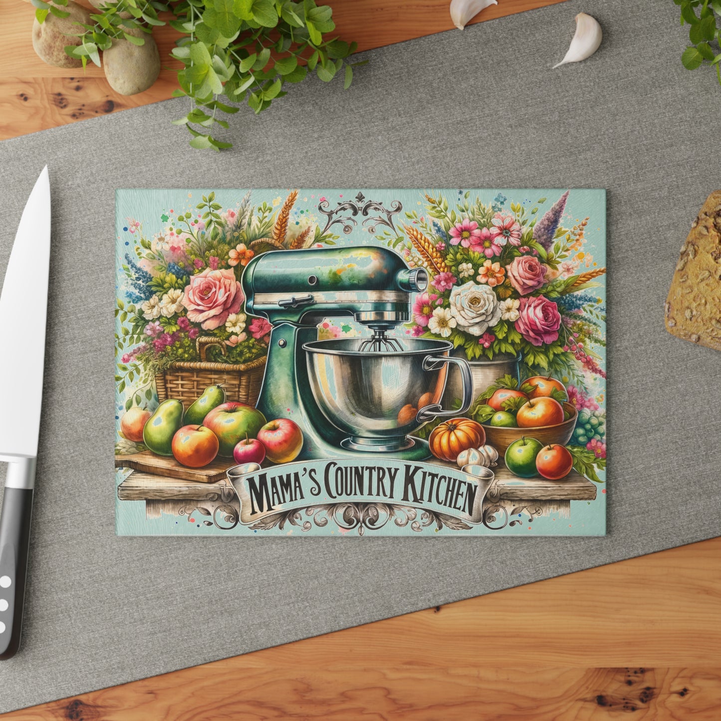 Tabla de cortar de cocina campestre de mamá: dije vintage para batidora con estilo floral campestre
