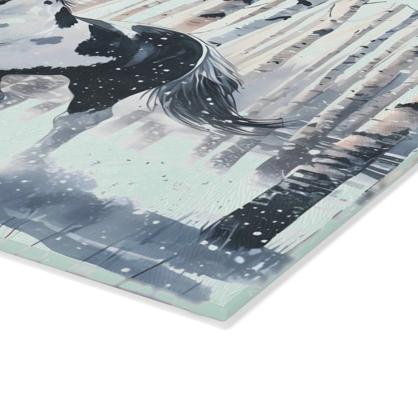 ❄️ Snowy Gallop Cutting Board – Majestic Horse in Birch Forest Winter Scene