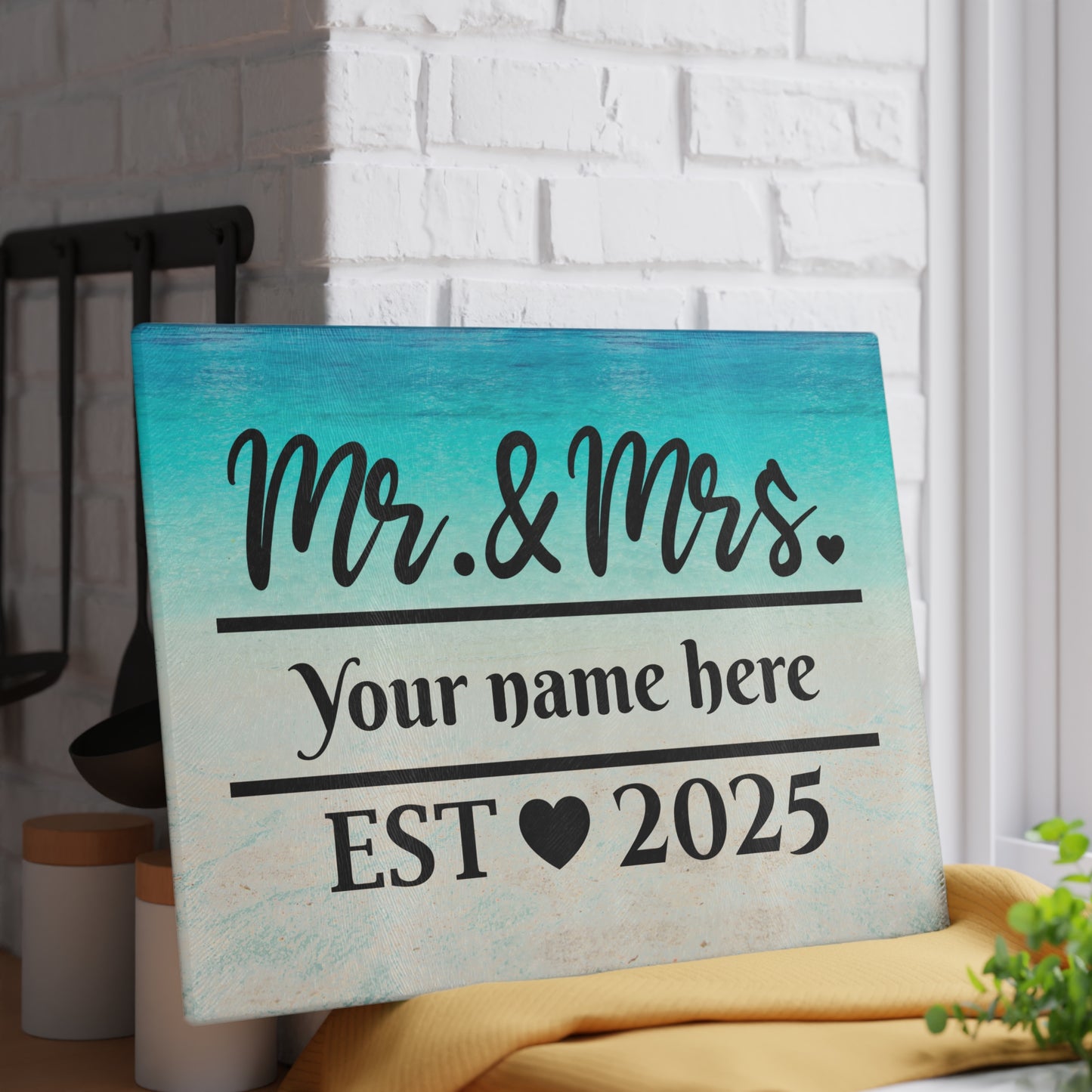 Tabla de cortar turquesa "Sr. y Sra." - Regalo de boda personalizado con nombre y año