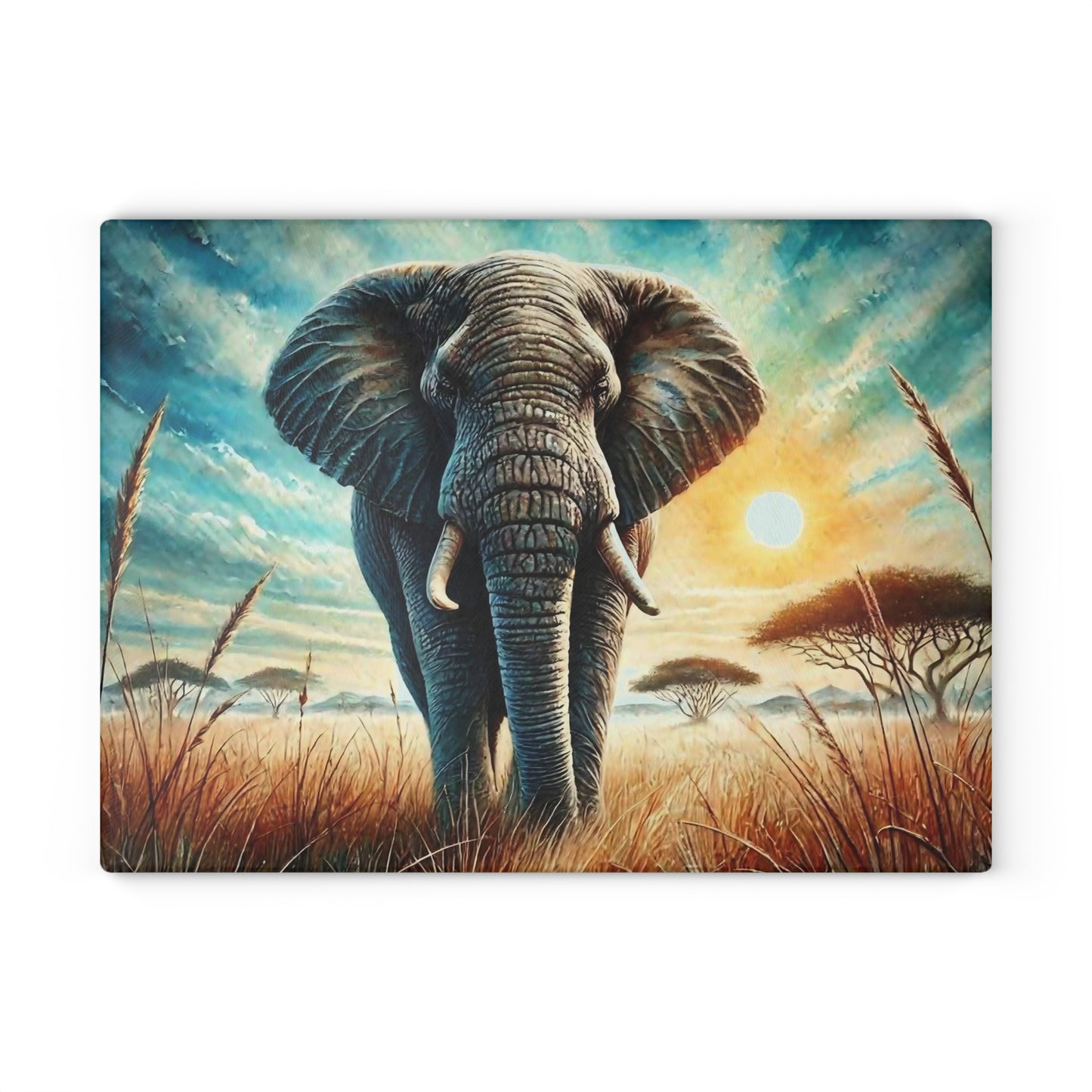 🐘 Majestic Elephant Sunset – Tempered Glass Cutting Board