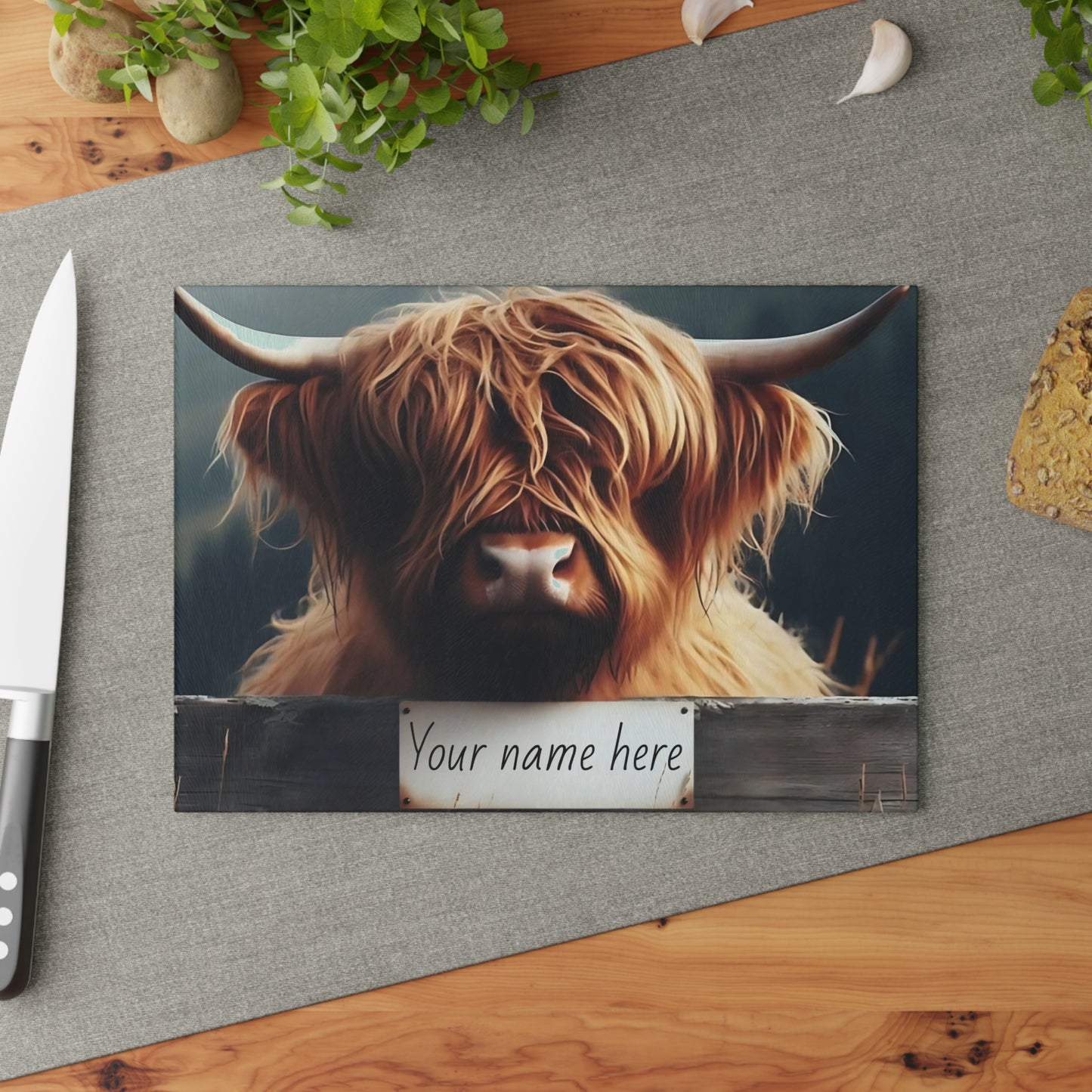 Highland Cow Over Fence Personalized Glass Cutting Board – Rustic Farmhouse Kitchen Decor, Glass Cutting Board – Western Farmhouse Decor, Country Kitchen Gift