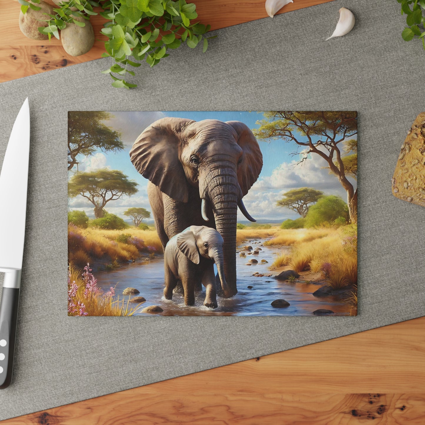 Mama Elephant and baby tempered glass cutting board