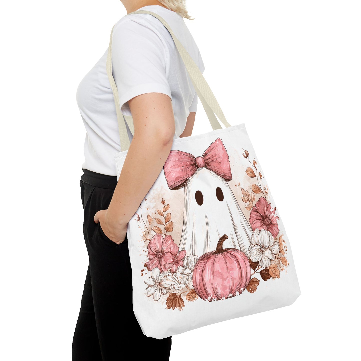 ๐ป Pink Bow Ghost Floral Halloween Tote Bag โ Spooky Cute with Fall Charm ๐๐