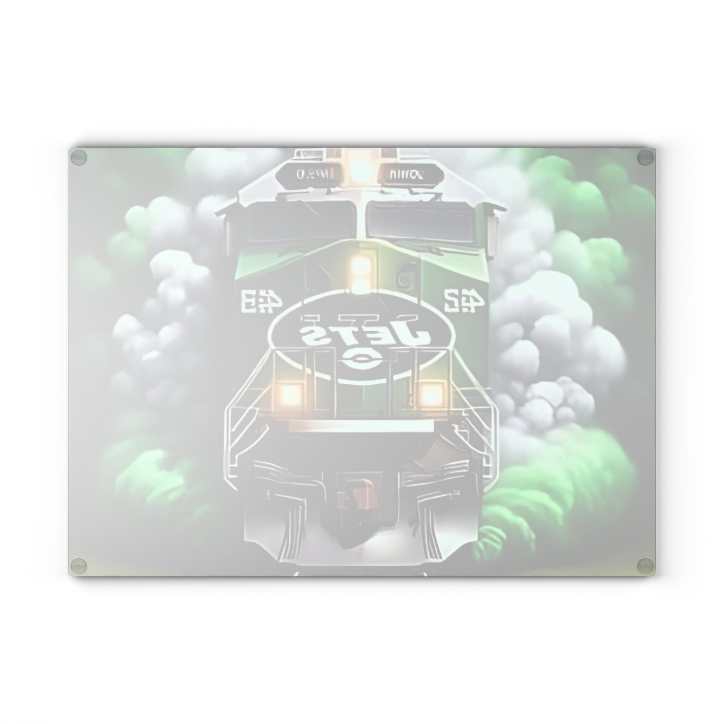 Tabla de cortar de vidrio verde y blanco Express: arte de tren limpio para cocinas modernas y clásicas