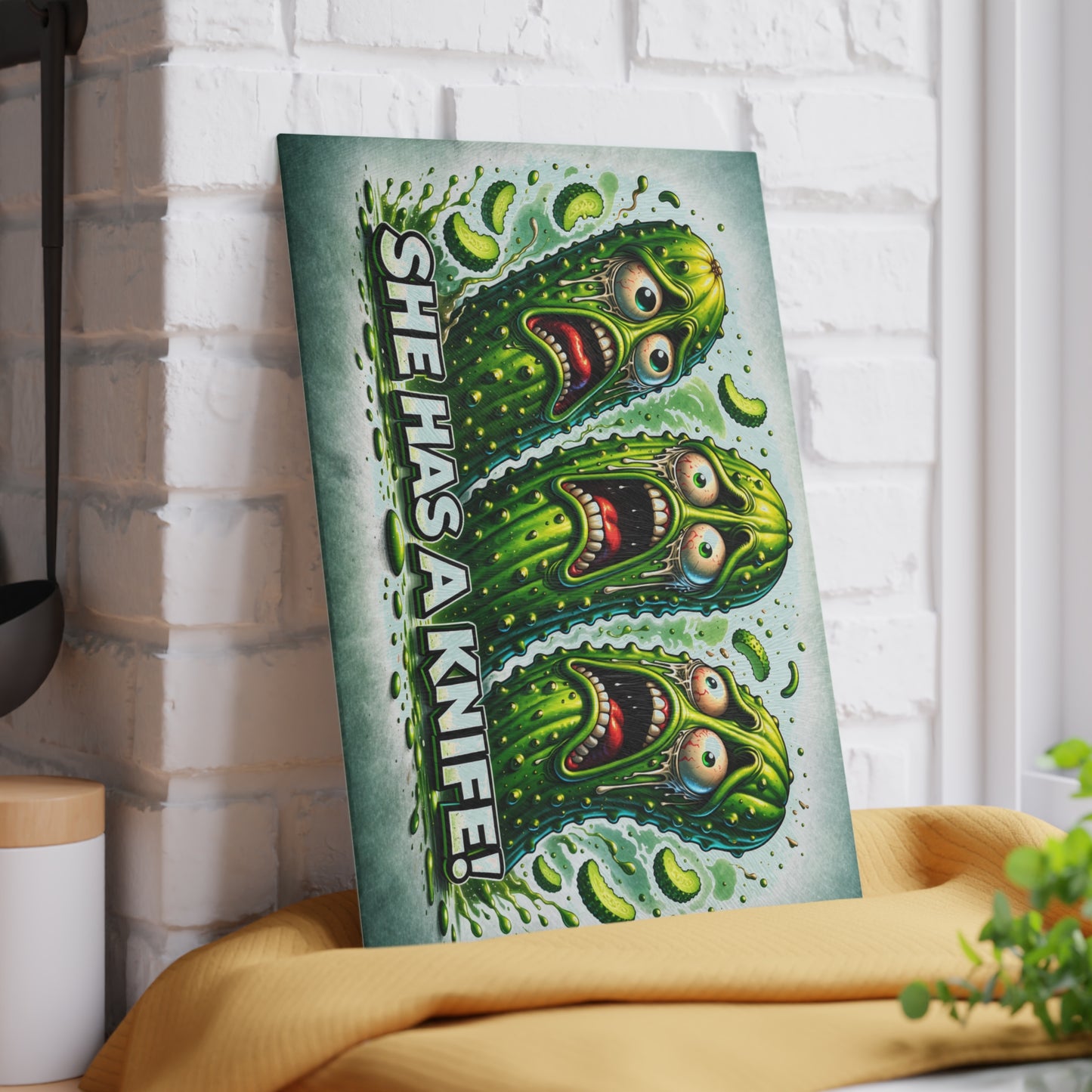 She Has a Knife! Glass Cutting Board – Pickle Panic Funny Kitchen Decor