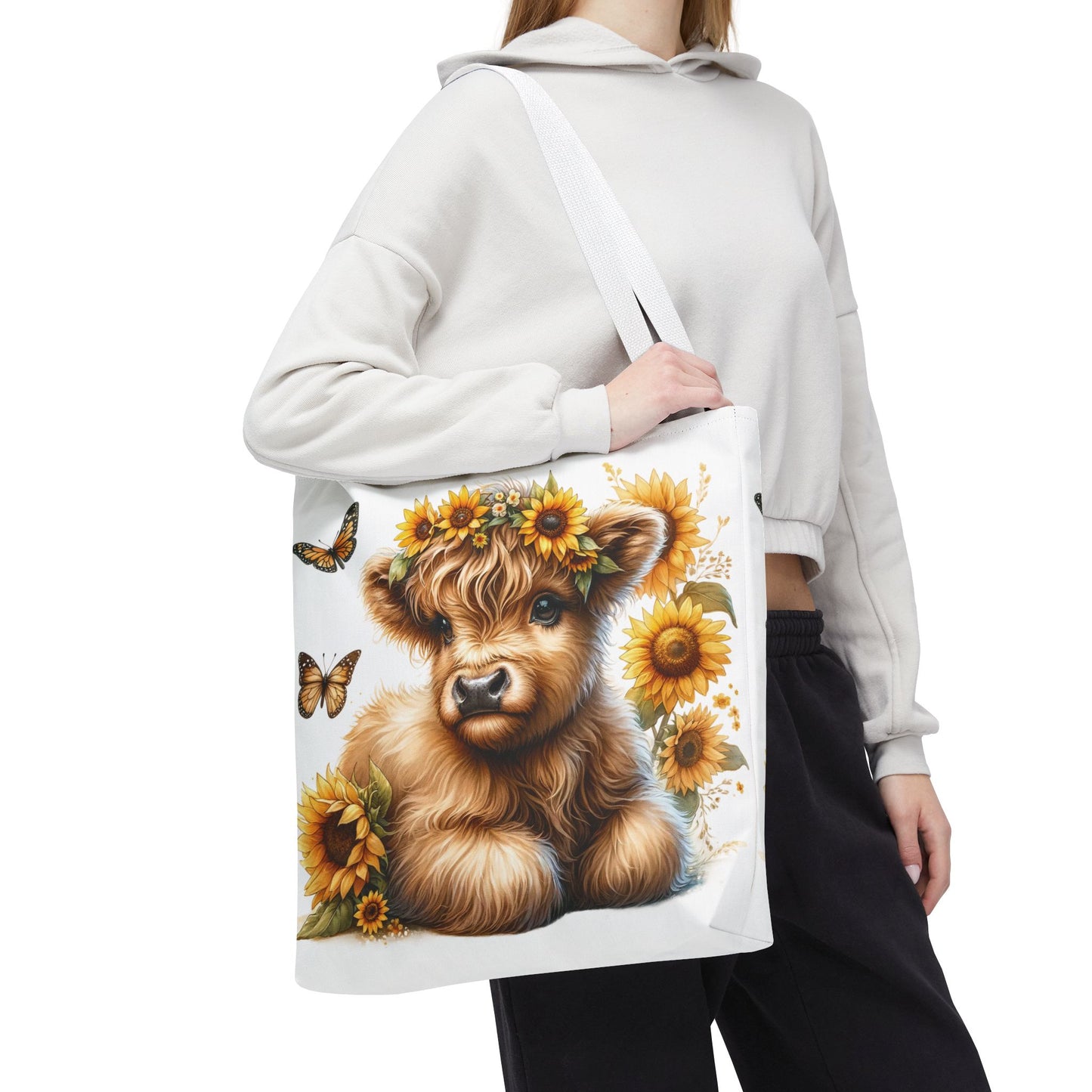 🌻 Sunflower Crown Highland Calf Tote Bag – Country Charm & Butterfly Bliss 🐮👜
