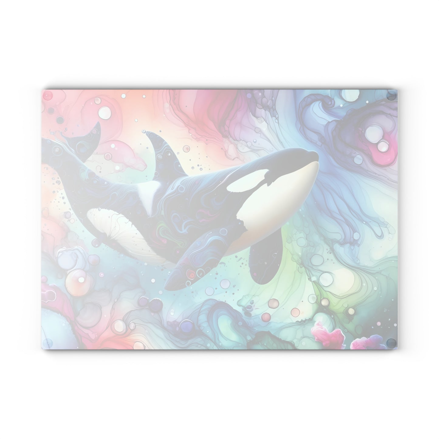 Tabla de cortar de vidrio con orca en acuarela: arte oceánico audaz para cocinas artísticas
