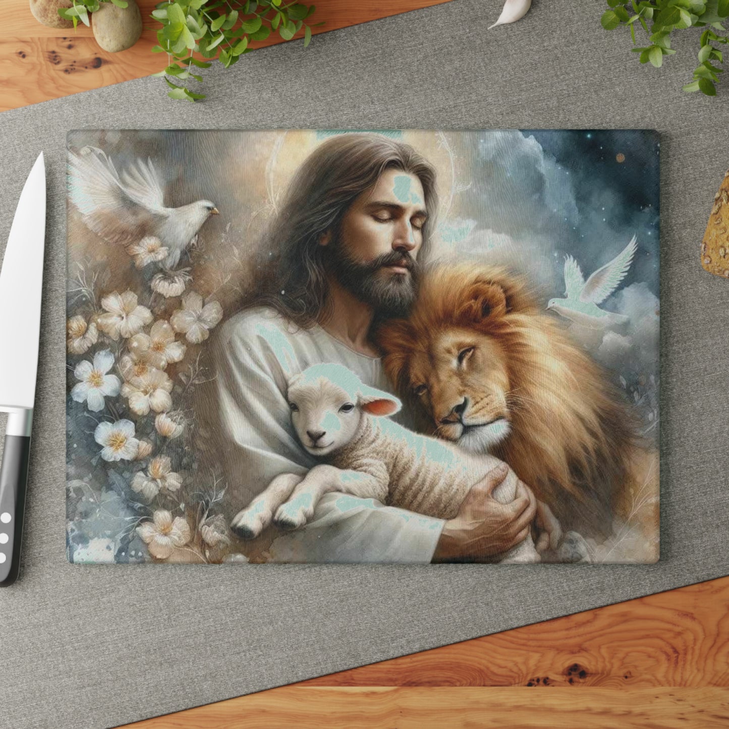 Tabla de cortar de Jesús, tabla de cortar de vidrio templado, tabla de charcutería, tabla de cortar, regalo de inauguración de la casa, tabla de cortar personalizada