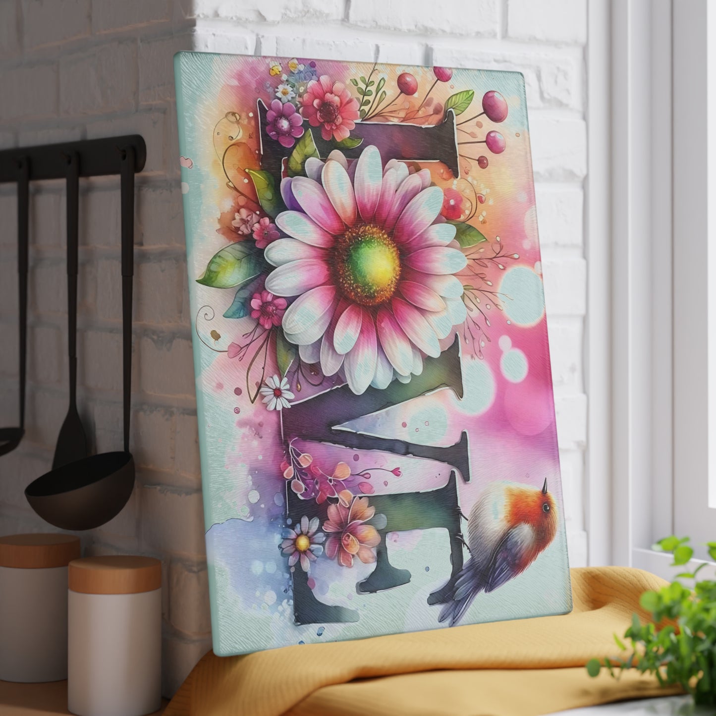 Tabla de cortar, diseño de amor con pájaros y girasoles, decoración de cocina, bandeja de vidrio para servir, regalo de inauguración de la casa, utensilio de cocina