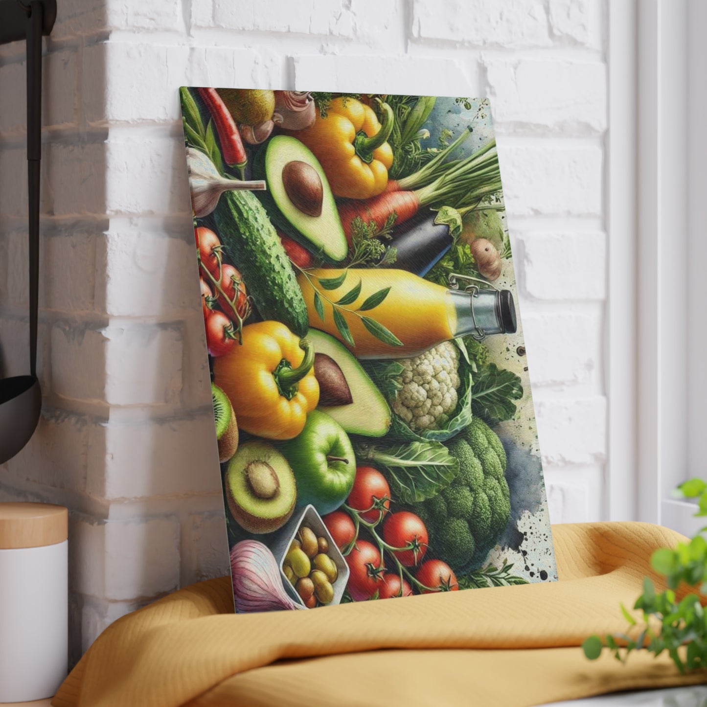 Tabla de cortar de vidrio templado para verduras con una vibrante variedad de verduras frescas