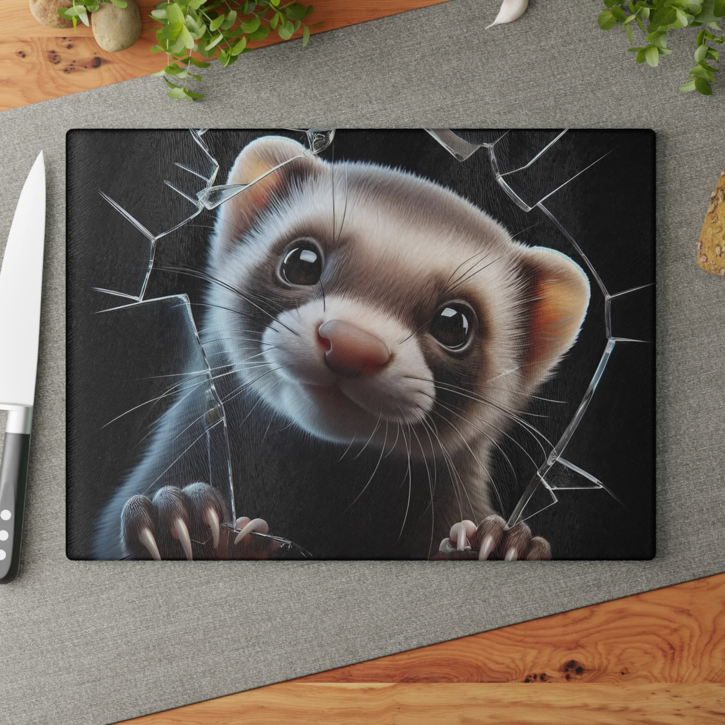Tabla de cortar de vidrio con forma de hurón, adorable decoración de cocina para amantes de las mascotas, tabla para servir con temática de animales pequeños, regalo único para dueños de hurones, tabla para charcutería