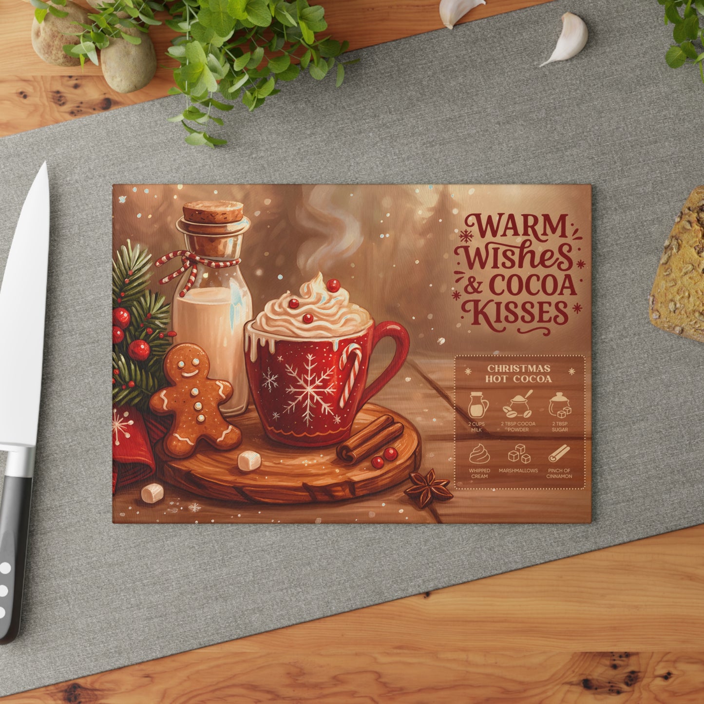 ☕❄️ Warm Wishes & Cocoa Kisses Cutting Board – Cozy Christmas Charm for Your Kitchen 🎄🍫