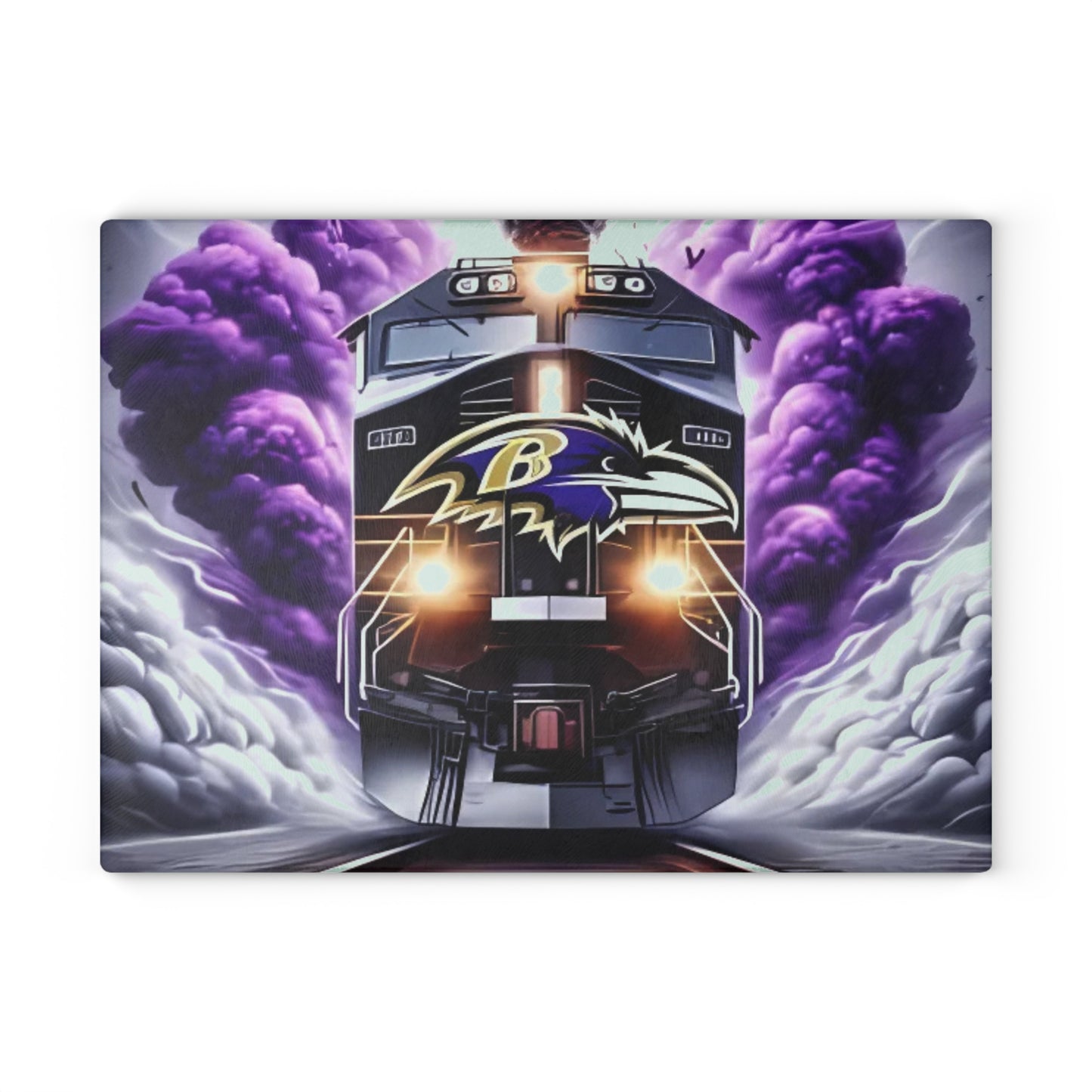Tabla de cortar de vidrio Express morado y negro: un arte de tren feroz para cocinas elegantes y audaces