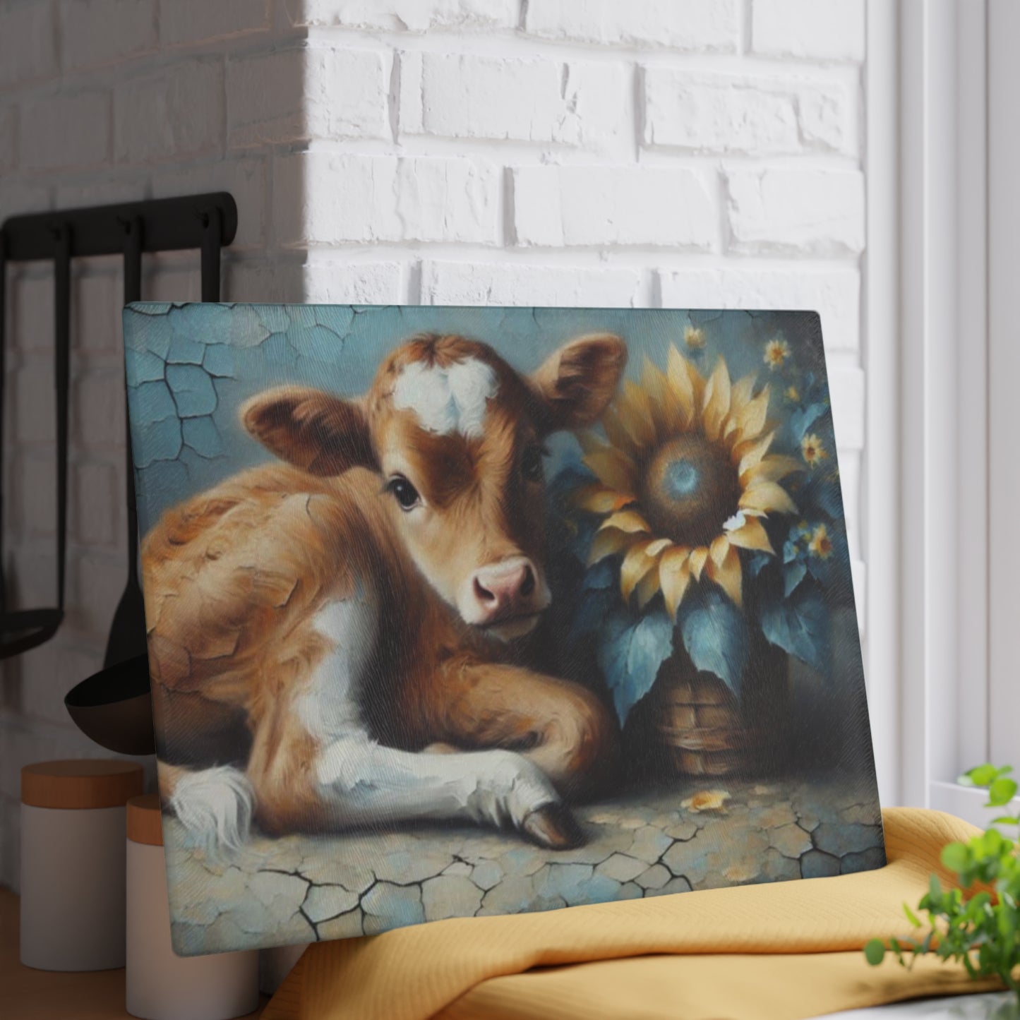 🌻 Sunflower Calf Glass Cutting Board – Rustic Farmhouse Charm for Your Kitchen